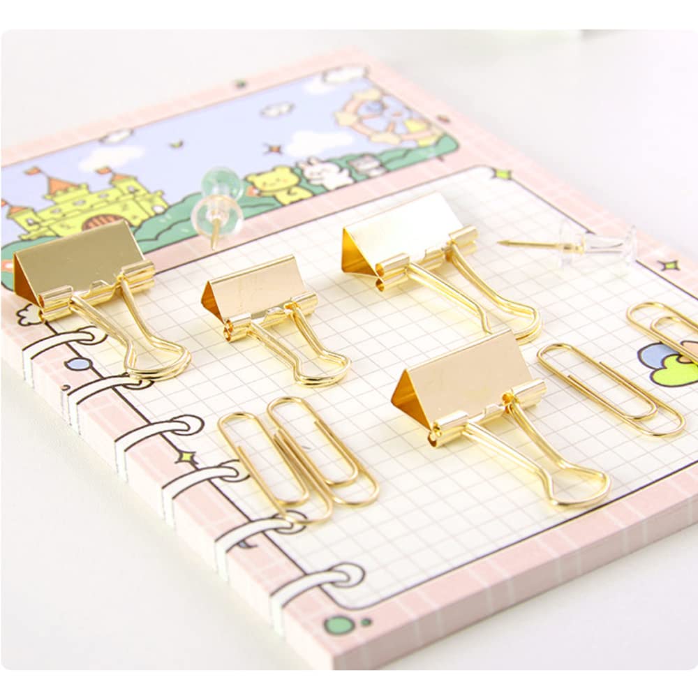 Premium Gold Paper Clips & Binder Clips Set - Assorted Metal Office Supplies with Push Pins - Elegant Desk Accessories for Organizing Documents, Photos & Notes - Perfect for Home Office, School & Workplace Organization