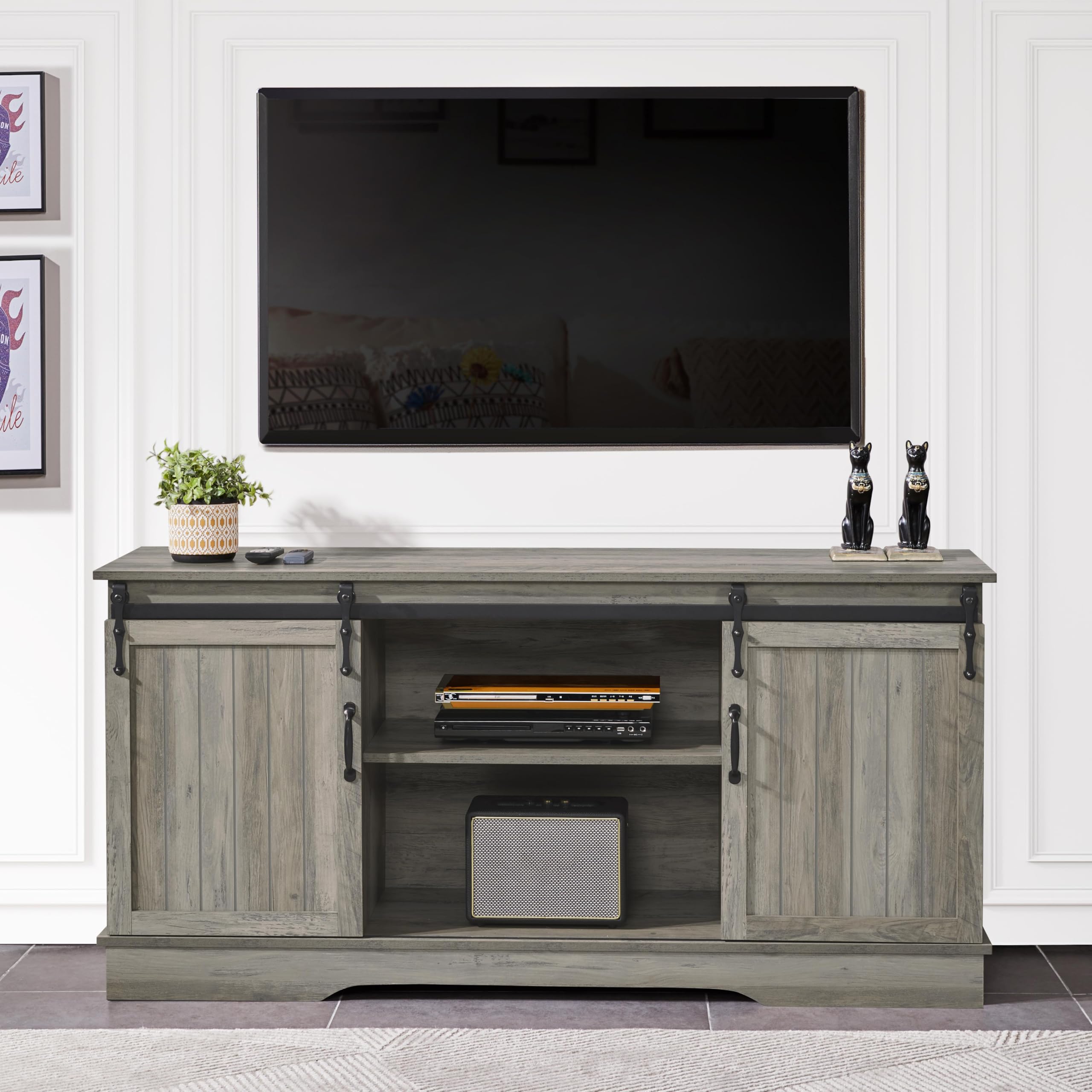 Topeakmart 65 Inch TV Stand with Sliding Barn Doors - Modern Wood Media Console for Living Room, Bedroom & Home Theater - Grey Wash Entertainment Center for TVs up to 65