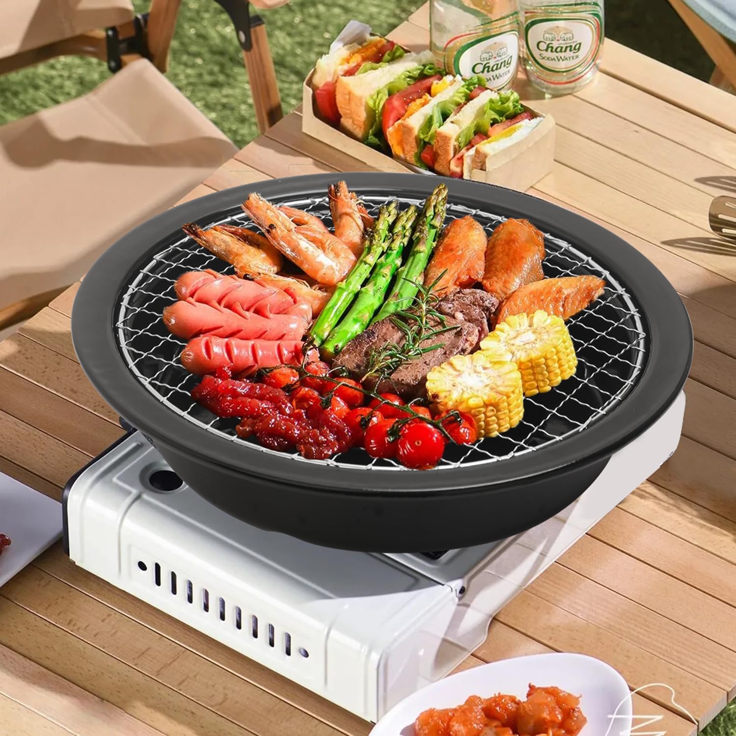 Japanese Korean Stove Top Grill Pan for BBQ & Yakiniku - Black with Water Pan & Free Tongs for Home Cooking