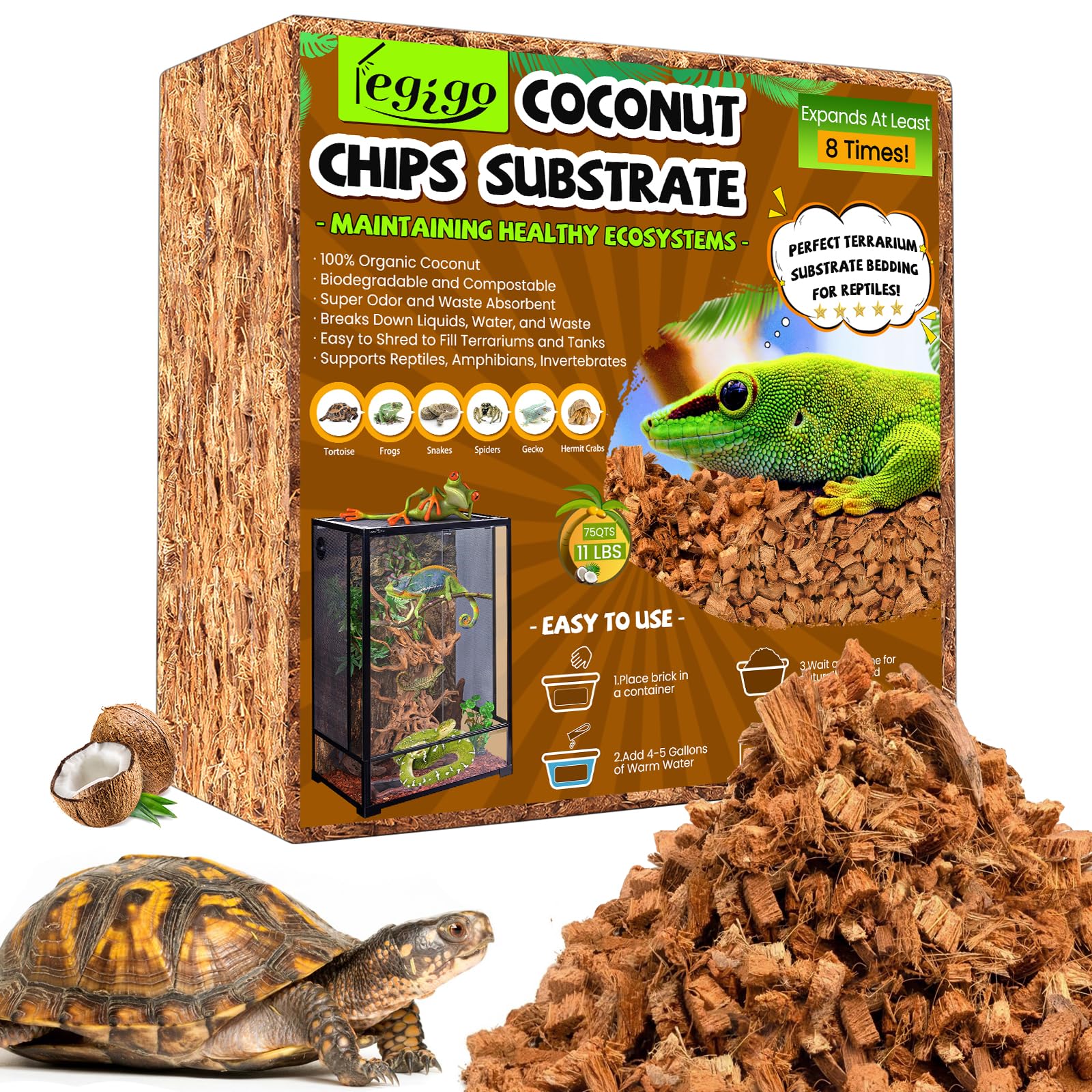 Premium 10LBS Coconut Chip Substrate for Reptiles - 72QT Natural Coco Husk Bedding for Snakes, Tortoises, Ball Pythons, Geckos & Lizards | Compressed Terrarium Substrate for Tropical Habitat & Bioactive Enclosures | Ideal for Reptile Tanks, Vivariums & Pet Terrariums