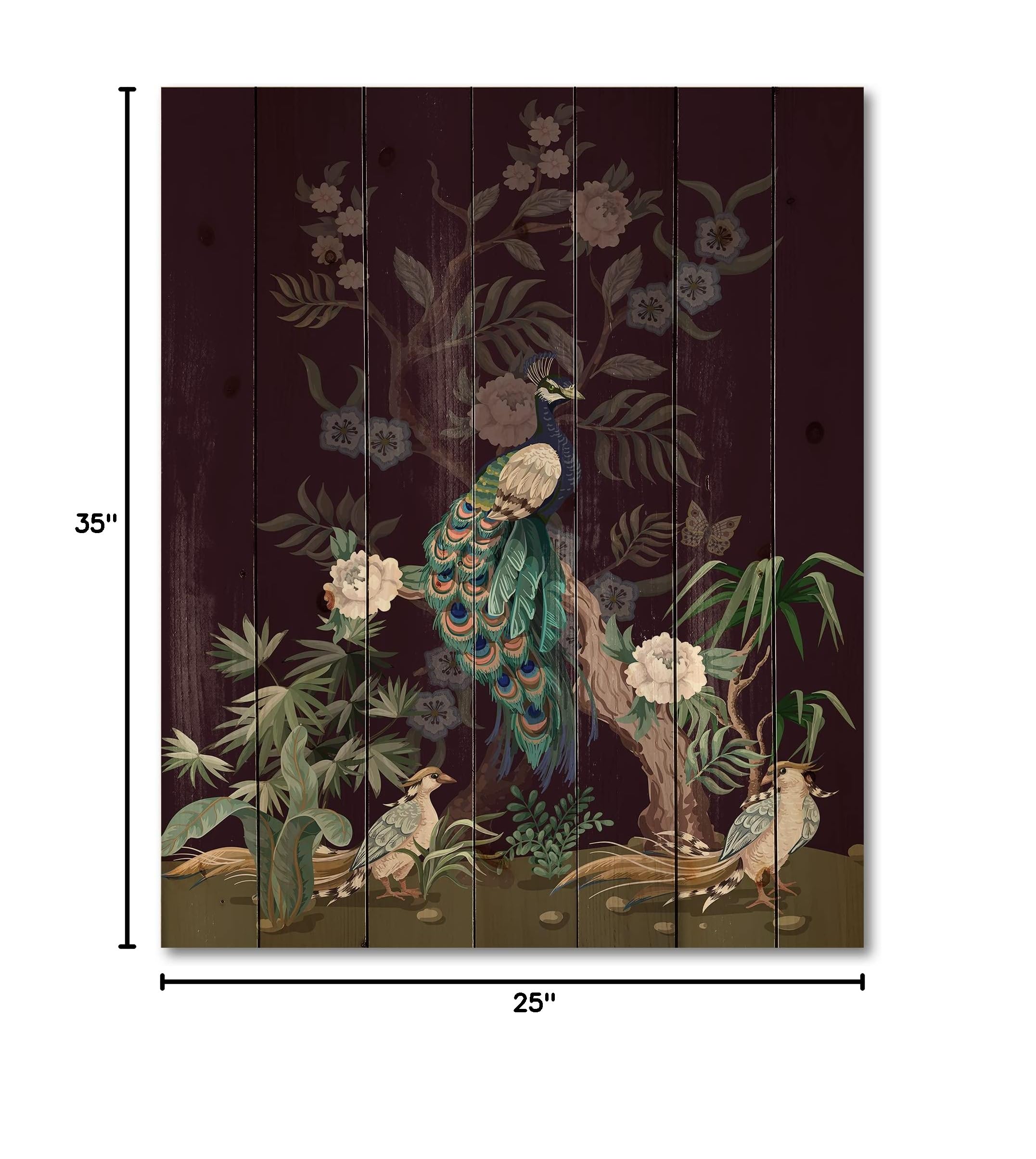 DesignQ Chinoiserie Wall Art - Traditional Black Wood Panel with Birds & Peonies Print on Natural Pine - Large Animal Wall Decor for Living Room, Bedroom & Office