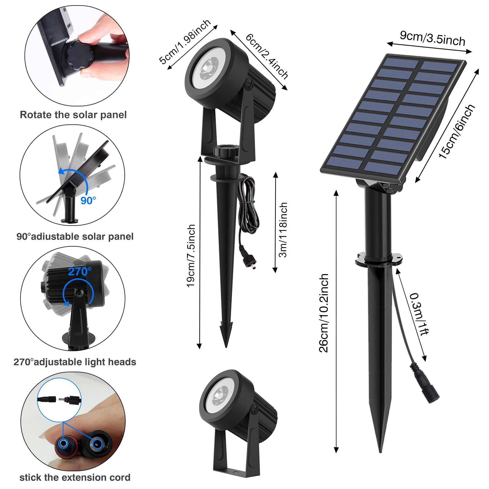 T-SUNUS 4 Pack Solar Spot Lights Outdoor, 6000K White IP65 Waterproof Landscape Spotlights with Separate Solar Panel & 9.8ft Cable - Auto On/Off for Flag, Pond, Trees, Driveway, Garden, Pathway, Pool Area - Perfect for Nighttime Safety and Decorative Outdoor Lighting