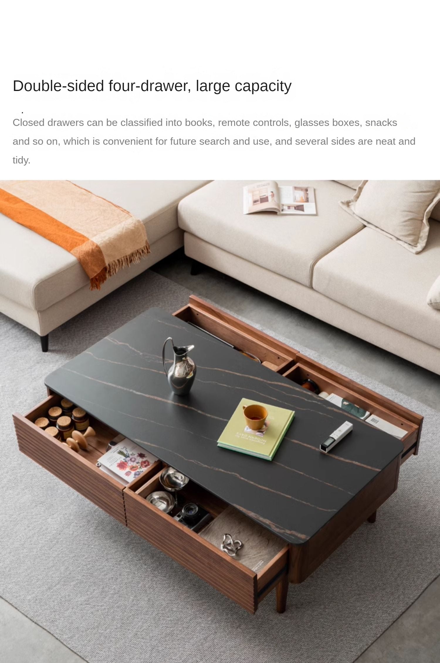 Solid Black Walnut Wood Coffee Table with Natural Slate Top - Perfect for Living Room, Lounge & Modern Home Decor