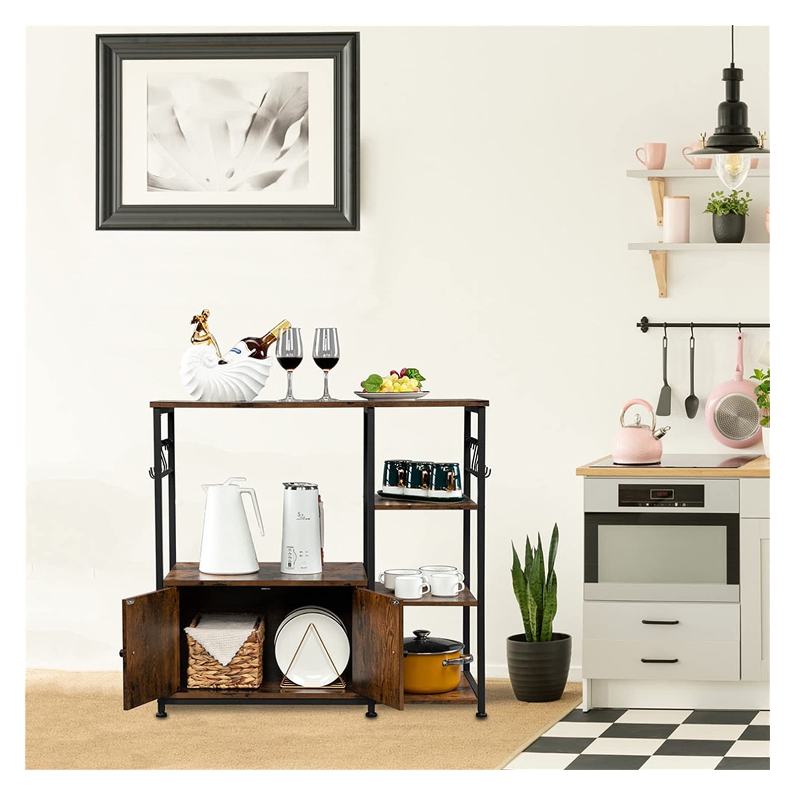 4-Tier Microwave Storage Rack with Cabinet & 8 Hooks - Space-Saving Kitchen Organizer for Baking Supplies & Utensils - Perfect for Small Kitchens, Apartments & Dorm Rooms