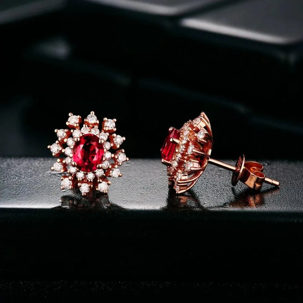 1.05ct Natural Ruby & 0.56ct Diamond 14K Gold Snowflake Stud Earrings - Valentine's Gift, Anniversary Jewelry, Christmas Present for Her