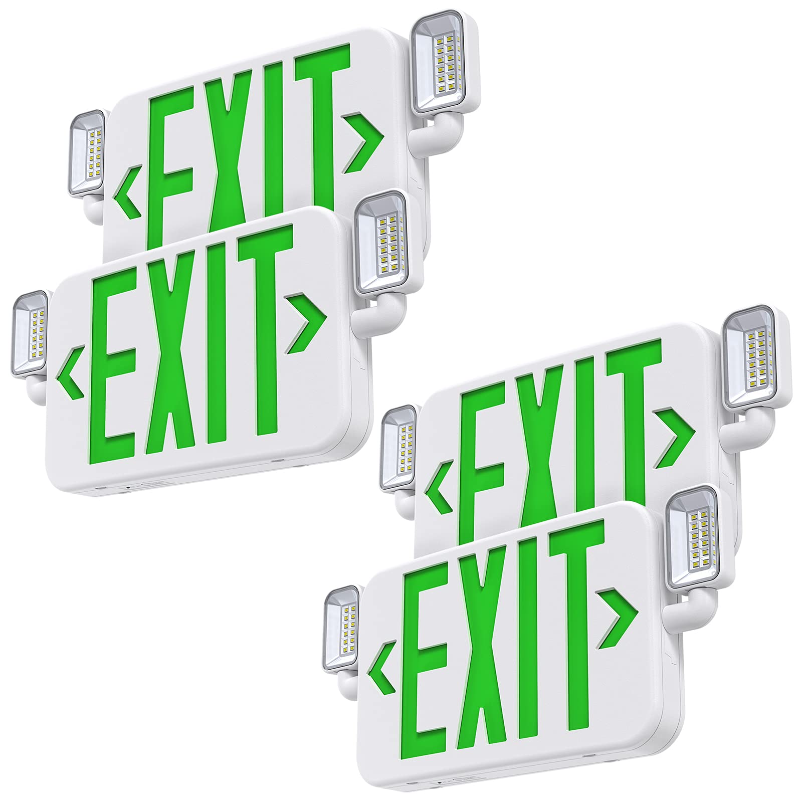 UL 924 Certified LED Emergency Exit Sign Light with Adjustable Heads & Backup Battery - 120/277V Green Commercial Exit Lighting (4-Pack) - Ideal for Offices, Warehouses, Schools and Public Buildings Safety Compliance
