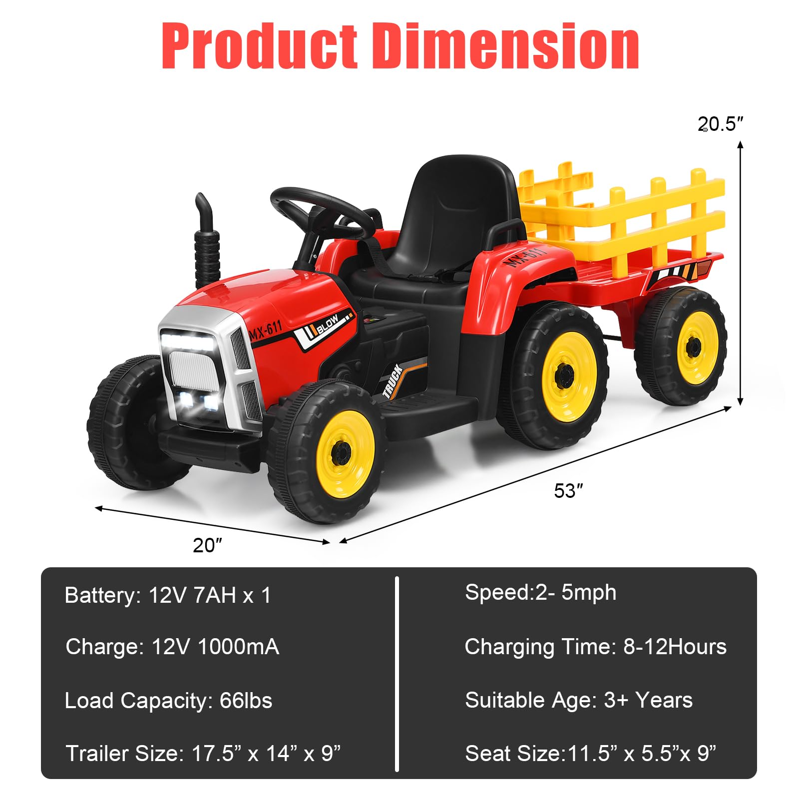 Costzon 12V Kids Ride-On Tractor with Detachable Trailer - 3-Speed Electric Toy Vehicle with Remote Control, LED Headlights & Wireless USB - Outdoor Play Tractor for Boys & Girls Ages 3+ (Red) | Perfect for Backyard Fun, Birthday Gifts & Outdoor Pretend Play