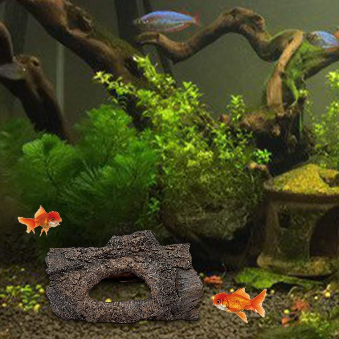 Resin Aquarium Cave Decor - Hollow Tree Trunk Hideout for Fish & Turtles - 6.1x3.9x3.1IN - Perfect for Betta & Shrimp Tanks