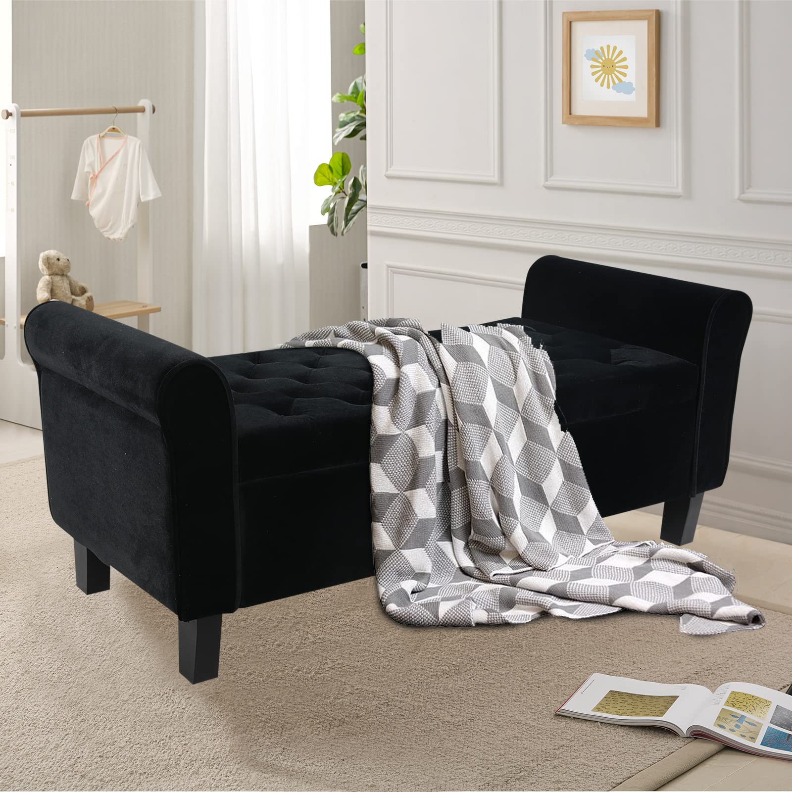 Velvet Storage Ottoman Bench with Arms - Black Button Tufted Footrest Seat for Bedroom, Entryway & Hallway | Multi-Functional Storage Bench for Living Room, Dorm & Home Decor (Black)