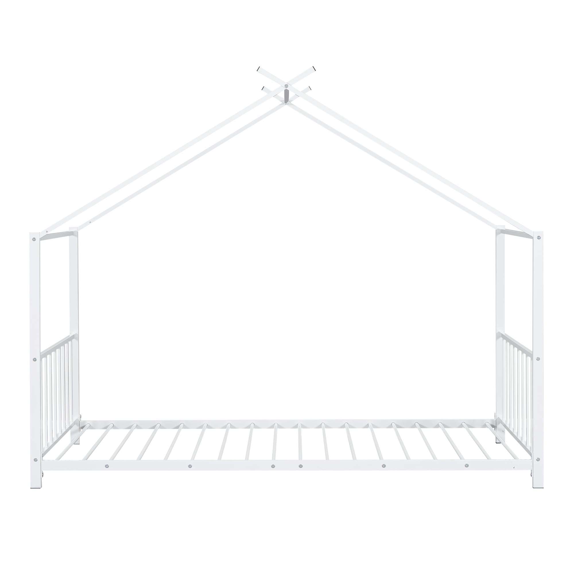 Montessori Twin Size Floor Bed for Kids - Sturdy Metal Frame with High Headboard & Roof - House Bed for Boys & Girls (White) - Perfect for Playrooms, Bedrooms & Montessori Learning Spaces