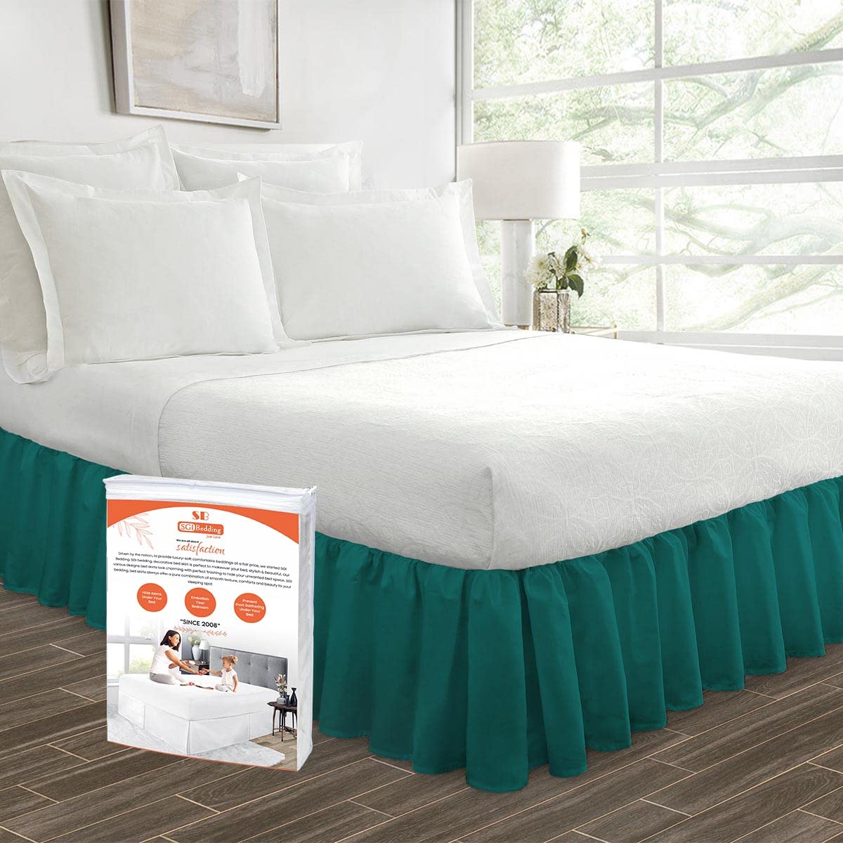 SGI Bedding 21 Inch Ruffled Bed Skirt - Premium Microfiber Dust Ruffle with Fade & Wrinkle Resistance - Anti-Static Decorative Bed Skirt with Hidden Storage Space - Queen Size Teal - Perfect for Guest Rooms, Master Bedrooms & Dorm Decor