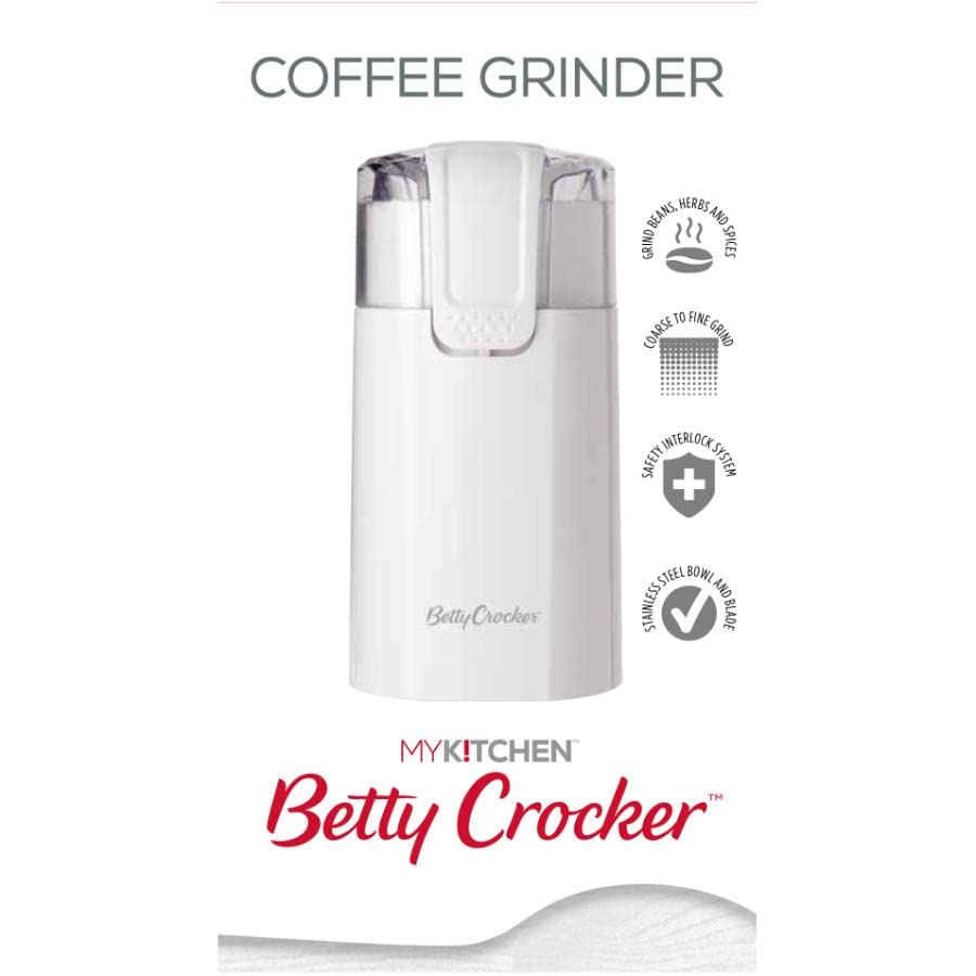 Betty Crocker BC-4800MK Electric Coffee Grinder & Spice Mill - White | Compact Kitchen Appliance for Fresh Ground Coffee, Peppercorns & Herbs | Perfect for Home Brewing, Cooking & Baking