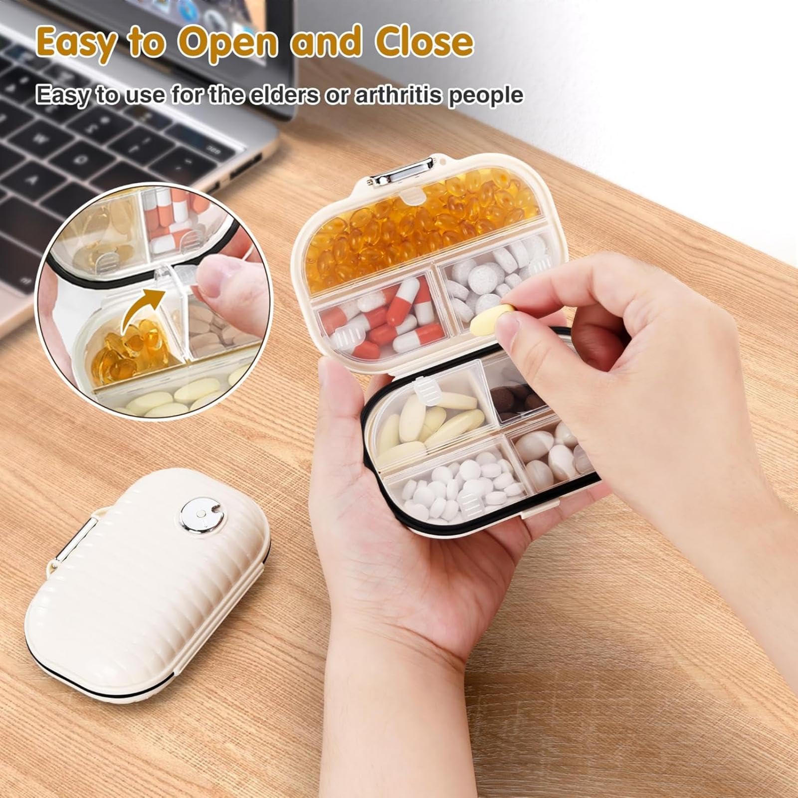 GLEEMEN 7-Day Pill Organizer Box (2-Pack) - Large & Small Portable Weekly Pill Case with 7 Compartments - Daily Medication Storage & Travel Essentials for Vitamins, Supplements & Pills (Beige) | Perfect for Home, Office & Vacation Use