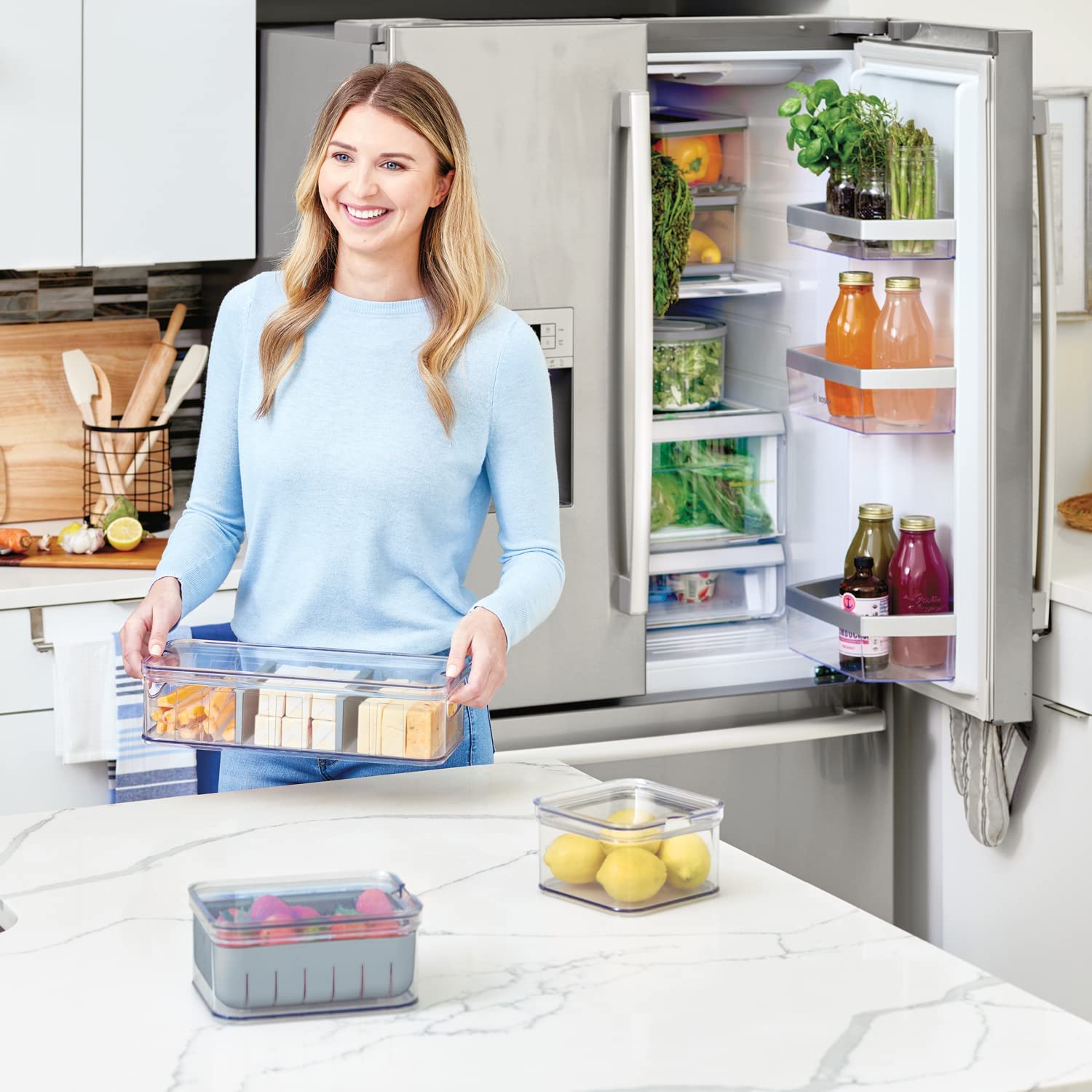 iDesign 3-Piece Clear/Gray Fridge Organizer Bins with Lids - Perfect for Kitchen Storage