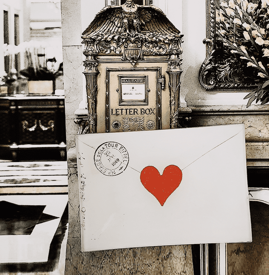 French Envelope with Heart Decoupage Glass Tray - Elegant Serving Tray for Tea Parties, Wedding Decor, and Home Decoration