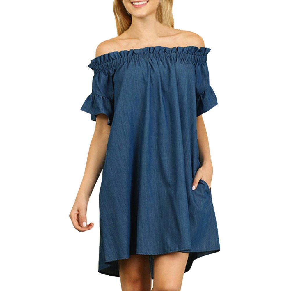 Sexy Off Shoulder Denim Mini Dress for Women - Short Sleeve Ruffled Casual Loose Fit Summer Dress | Perfect for Beach Outings, Date Nights & Weekend Brunch