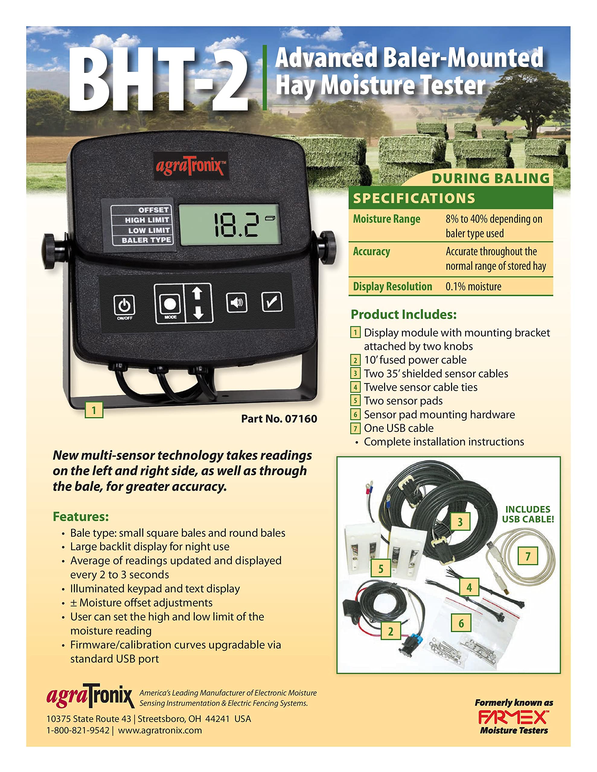 Agratronix BHT-2 Advanced Baler-Mounted Hay Moisture Tester - Accurate Forage Moisture Measurement for Farming & Agriculture - Perfect for Hay Baling, Silage Making & Crop Harvesting