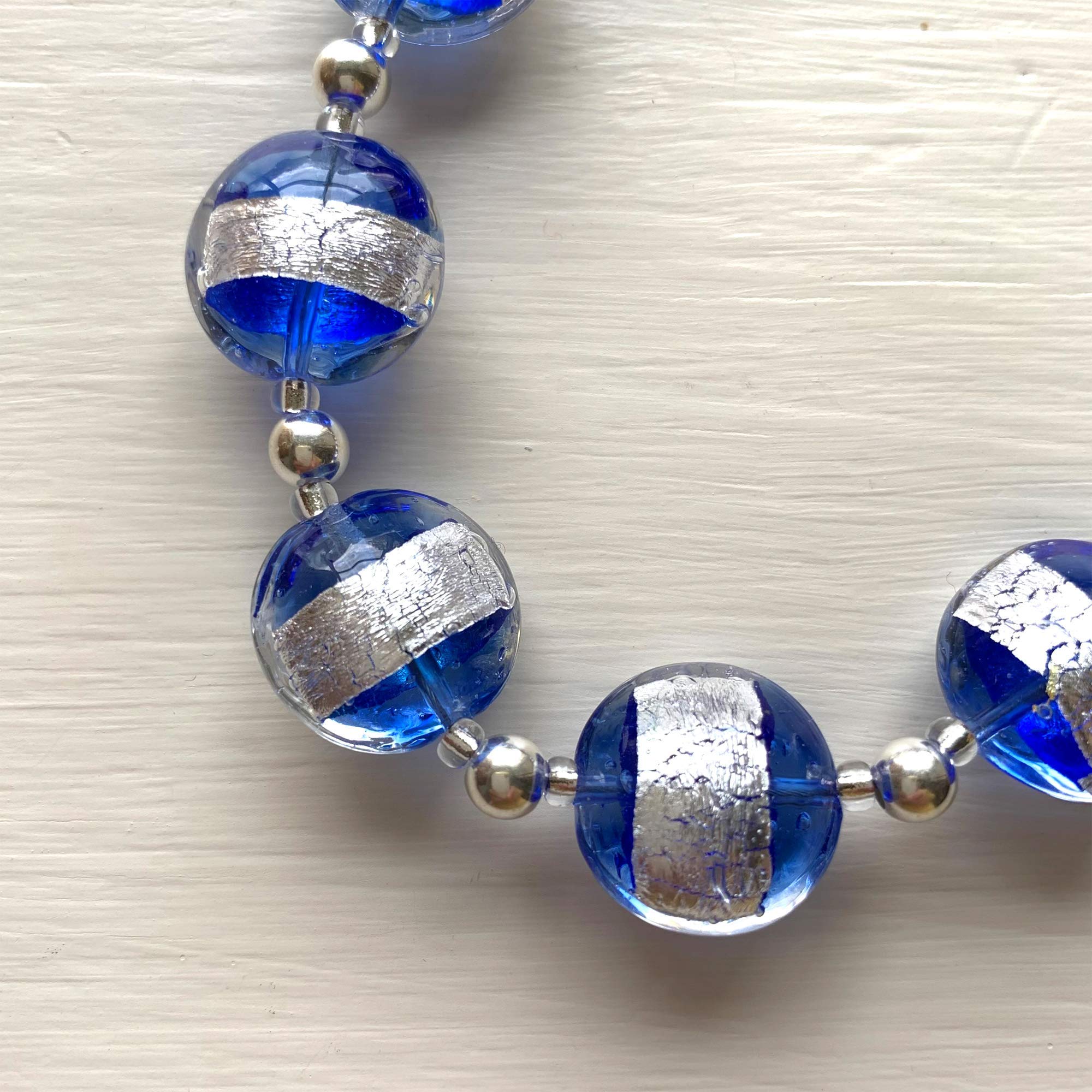 Diana Ingram Sterling Silver Necklace with Blue Translucent Murano Glass Beads – Elegant Medium Lentil Beads for Women | Perfect for Weddings, Parties & Everyday Wear