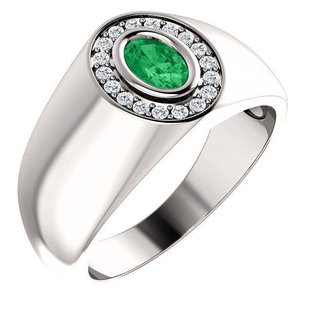 14KT Gold Emerald & Diamond Oval Halo Ring for Men - 0.48CT Emerald & 0.18CTW Diamond Engagement Wedding Band - Perfect for Proposals, Anniversaries & Special Occasions