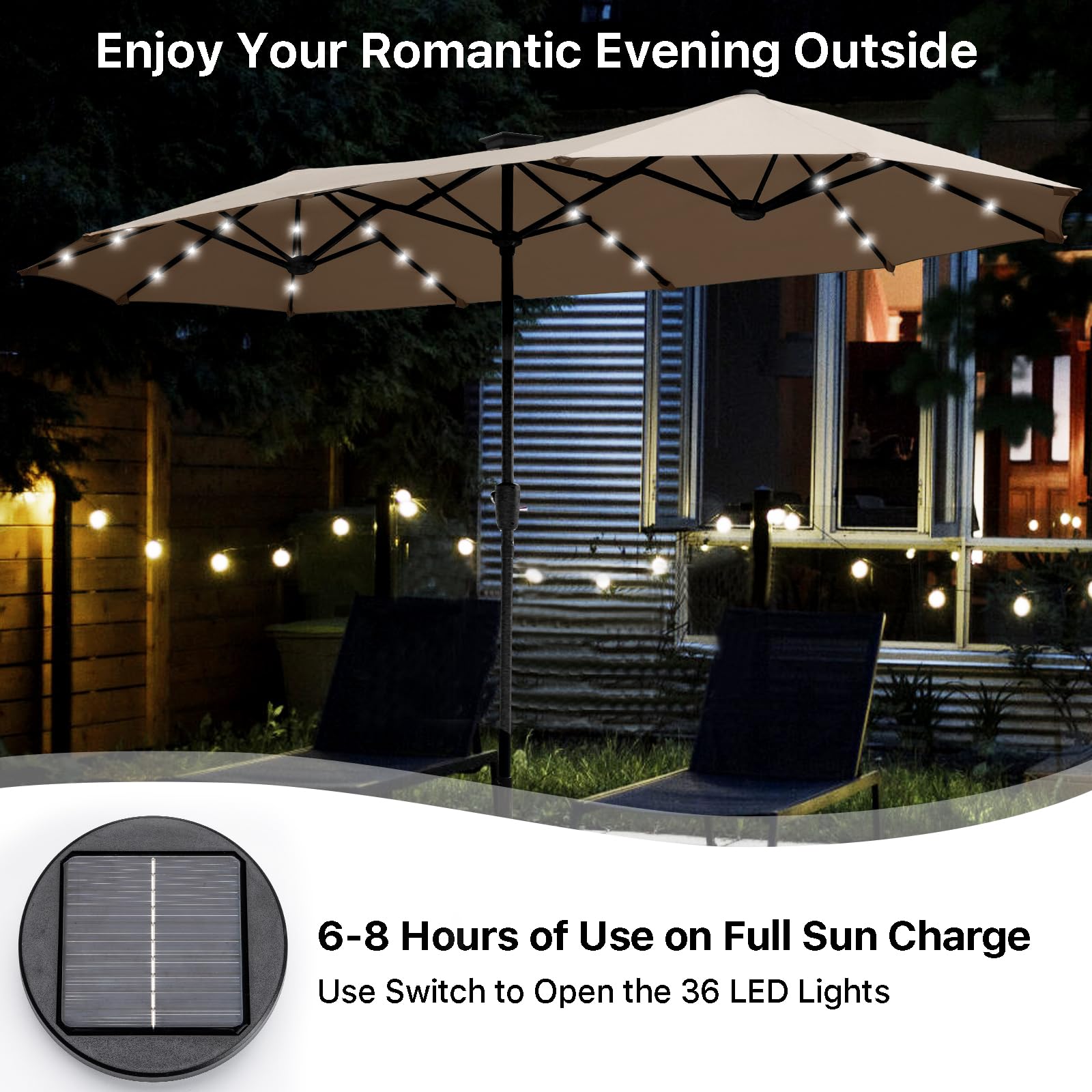 FREE SOLDIER 13ft Solar LED Patio Umbrella with 36 Lights - Double-Sided Outdoor Cantilever Umbrella for Garden, Yard, Poolside - Beige Waterproof Sun Shade for Relaxing & Outdoor Dining