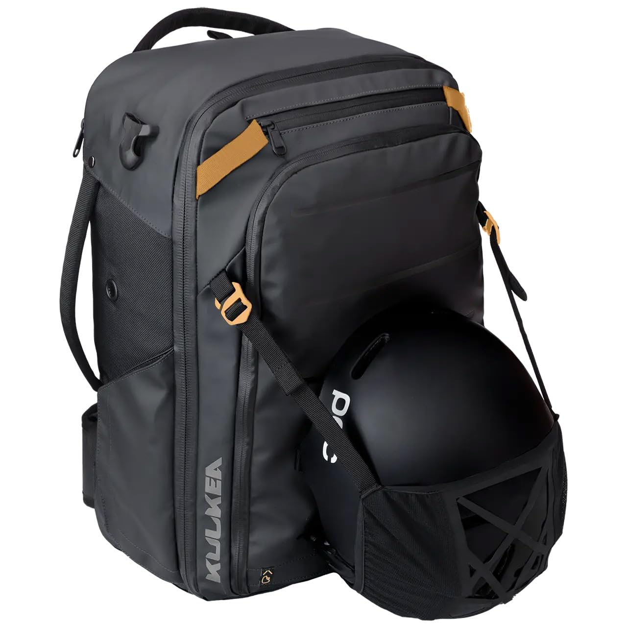 40L Travel Backpack - Waterproof Carry On Backpack with Detachable Organizer & Magnetic Bottle Pocket - Laptop & Passport Compartment - Convertible Ski Boot Bag for Air Travel, Hiking, Snowboarding (Black/Gold)