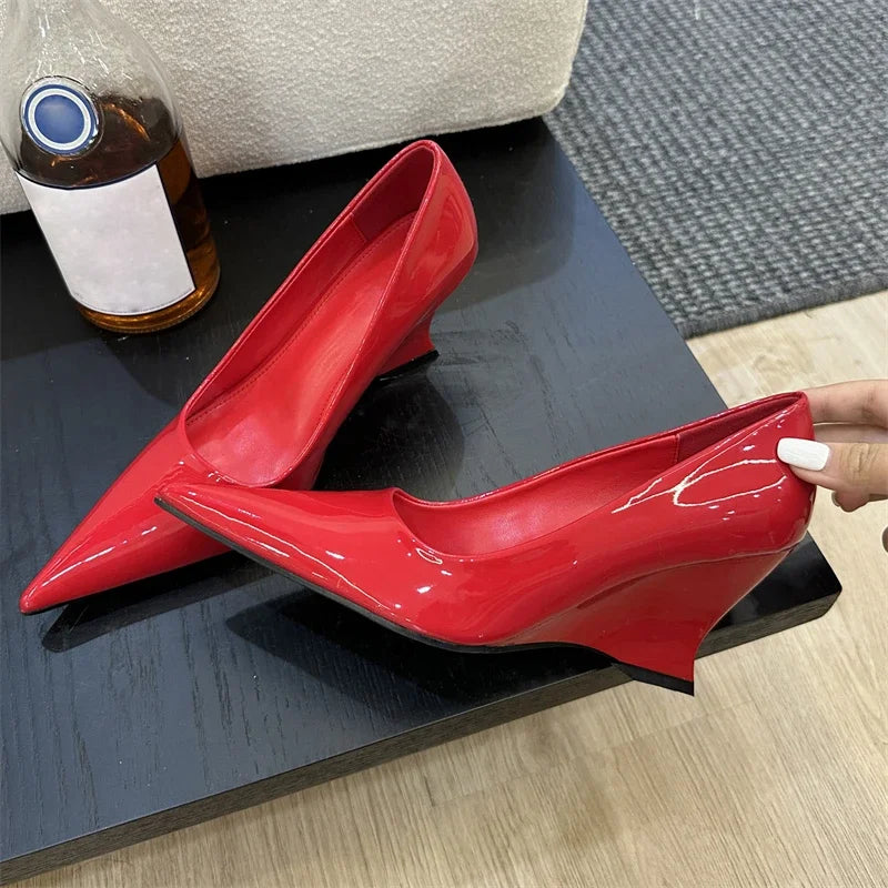 Eilyken Women's Pointed Toe Wedge High Heel Pumps - Silver & Red Dress Shoes for Wedding, Banquet & Special Occasions | Comfortable Sexy Heels for Women | Zapatos de Mujer Elegantes