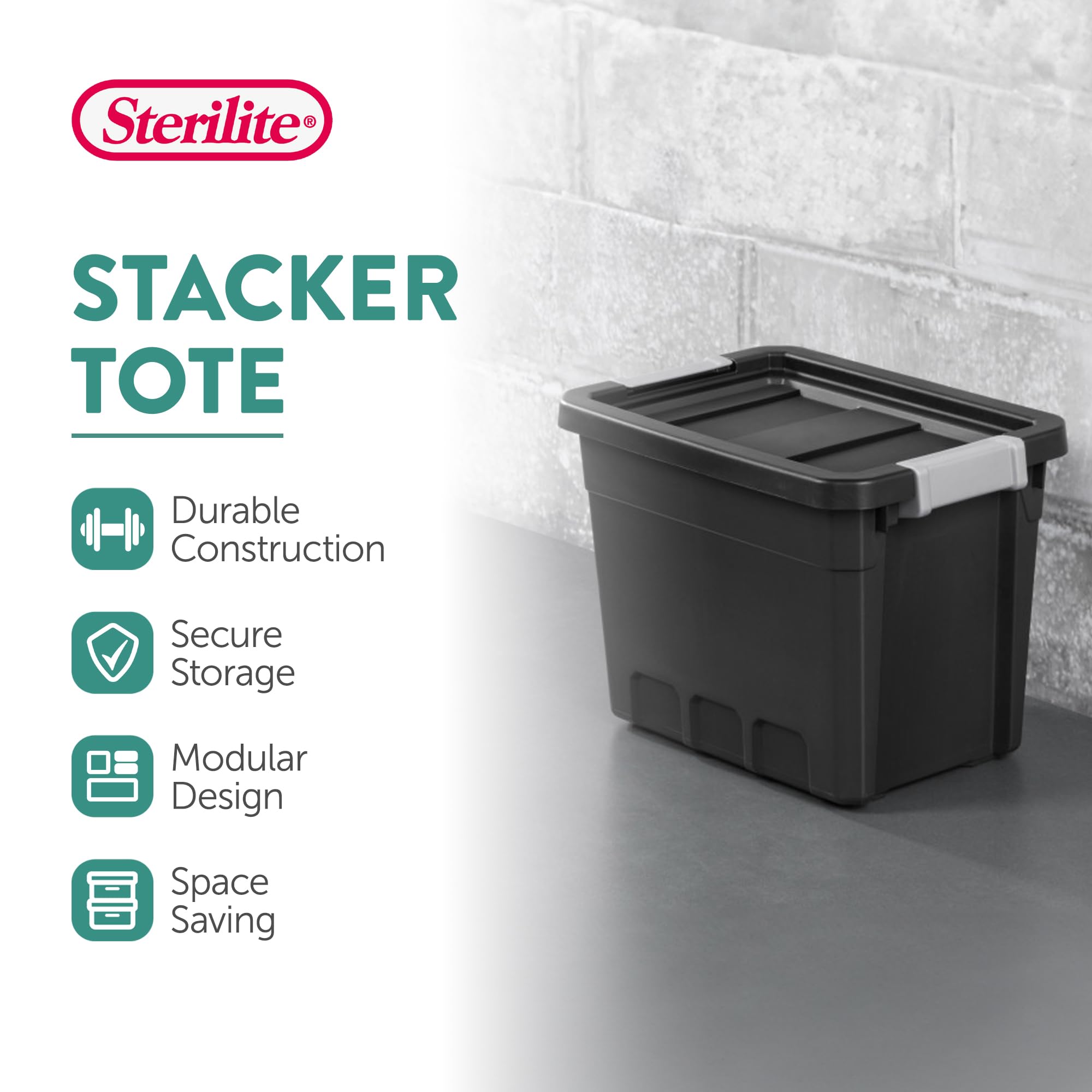 Sterilite 24-Pack 7.5 Gallon Black Plastic Storage Bins with Lids - Stackable Organizing Containers for Home, Office, Garage & Closet Storage Solutions