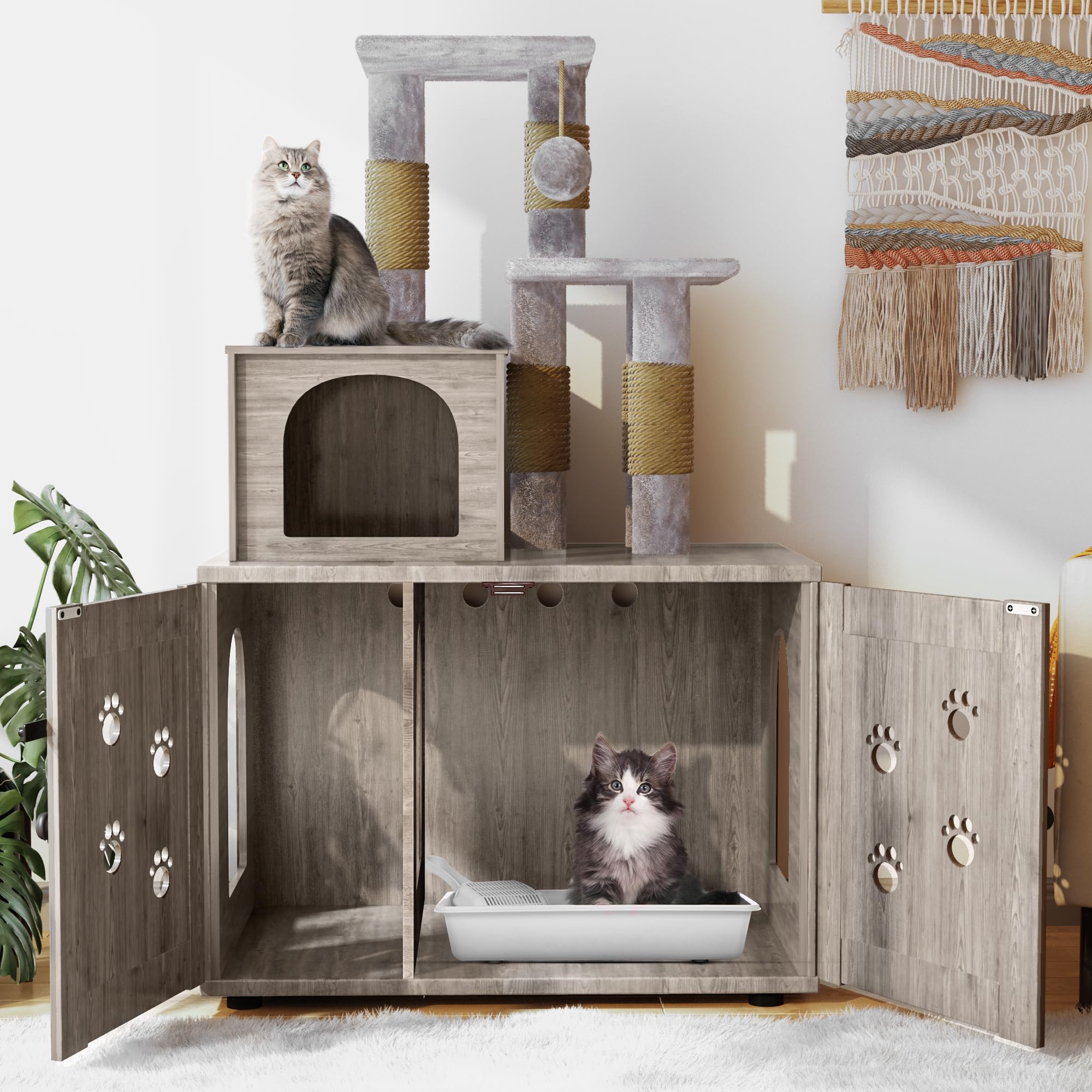Recaceik Wooden Cat Litter Box Enclosure with Cat Tree & Scratching Post - Hidden Cat Washroom Furniture with Divider, Soft Plush Perch & Platform - Indoor Pet Cabinet for Small Spaces (Gray) - Perfect for Apartments & Multi-Cat Homes