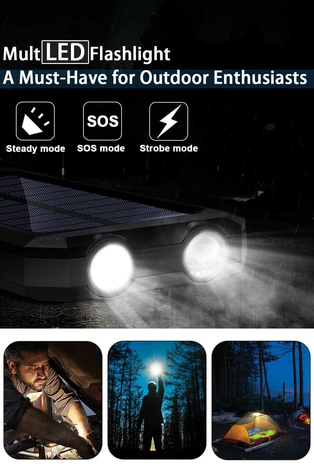WONGKUO 36800mAh Solar Power Bank with QC3.0 Fast Charging, IP65 Waterproof Portable Charger with LED Flashlight - Perfect for Camping, Hiking, and Emergency Power Outages