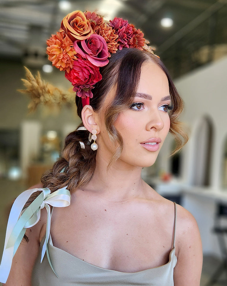 Race Day Crown & Fascinators - Red & Burnt Orange Floral Headband by Frieda at Kezani | Perfect for Kentucky Derby, Weddings & Special Events