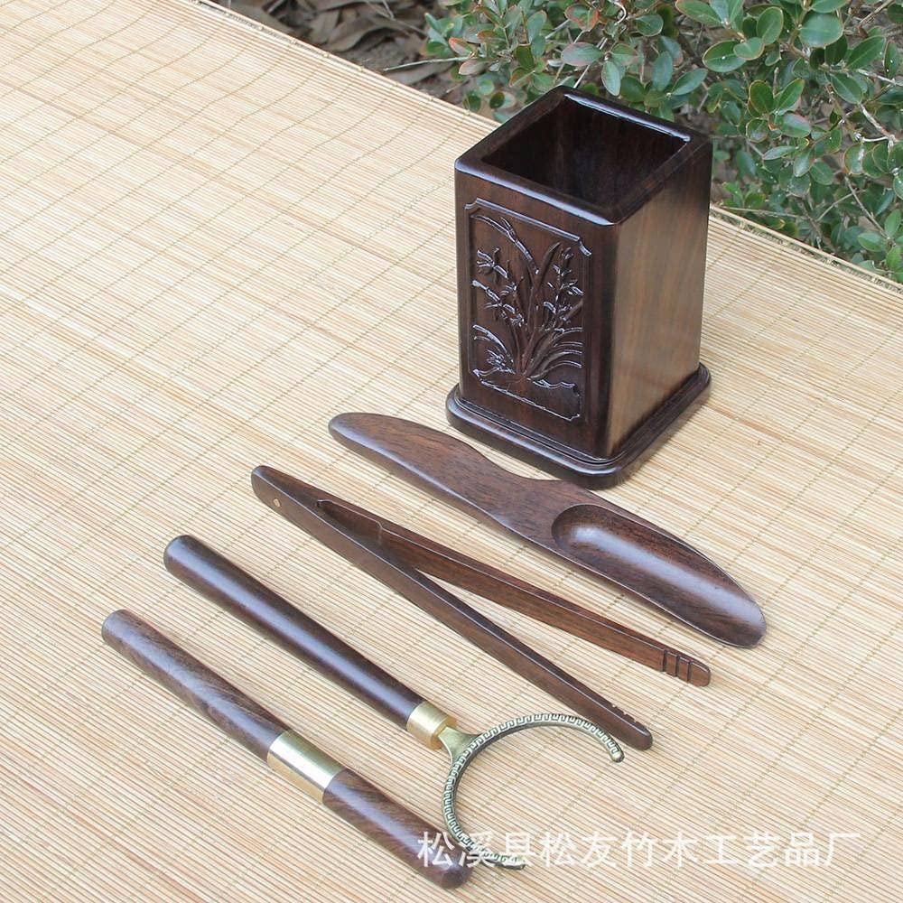 Premium Ebony Wood Tea Ceremony Set - 6 Gentlemen 5-Piece Traditional Chinese Tea Set with Tea Tray | Complete Tea Art Accessories for Home, Office & Zen Meditation