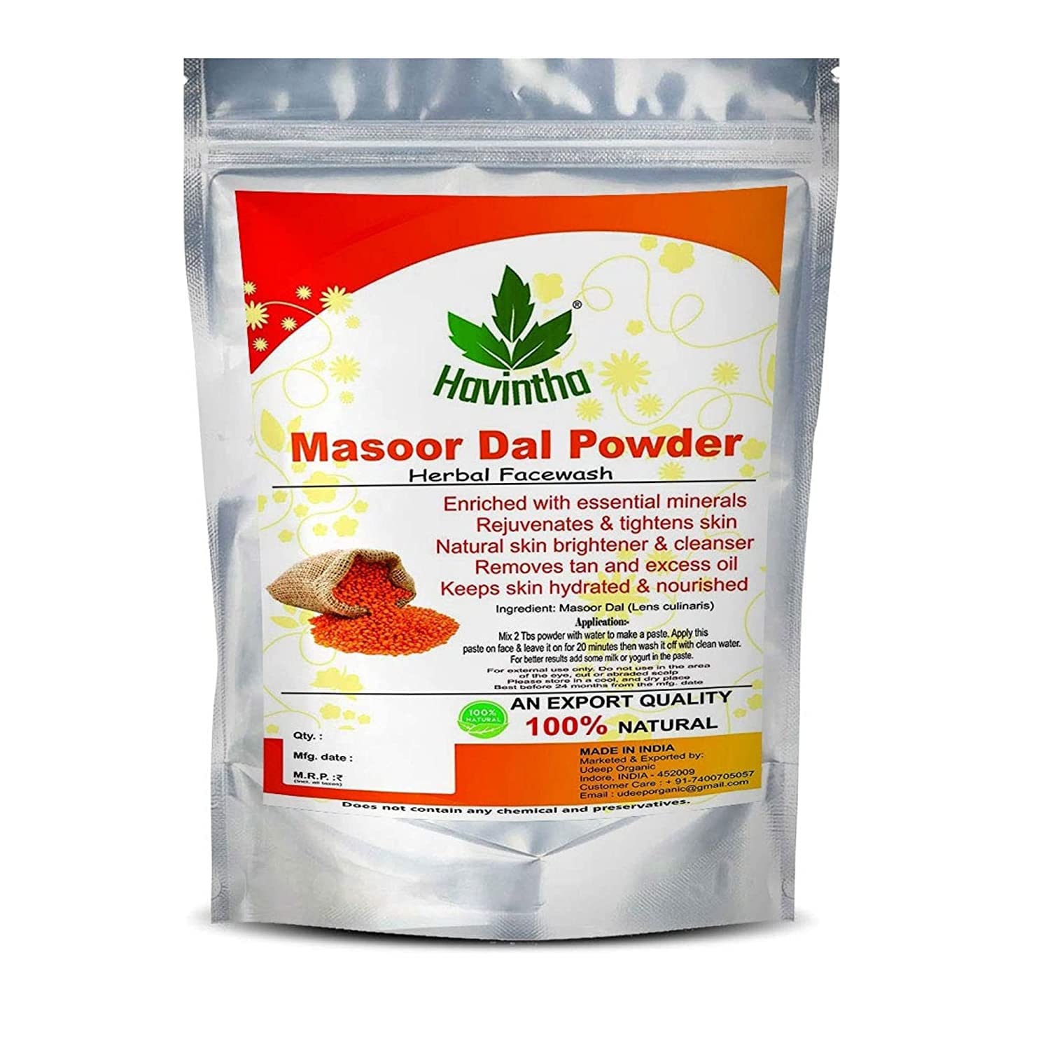 **Havintha Natural Face Pack Combo for Healthy & Glowing Skin – Multani Mitti, Sandalwood, Orange Peel, Rose Petal, Masoor Dal, Amba Haldi Powder (100g Each) – Perfect for Daily Skincare & Spa Treatments**