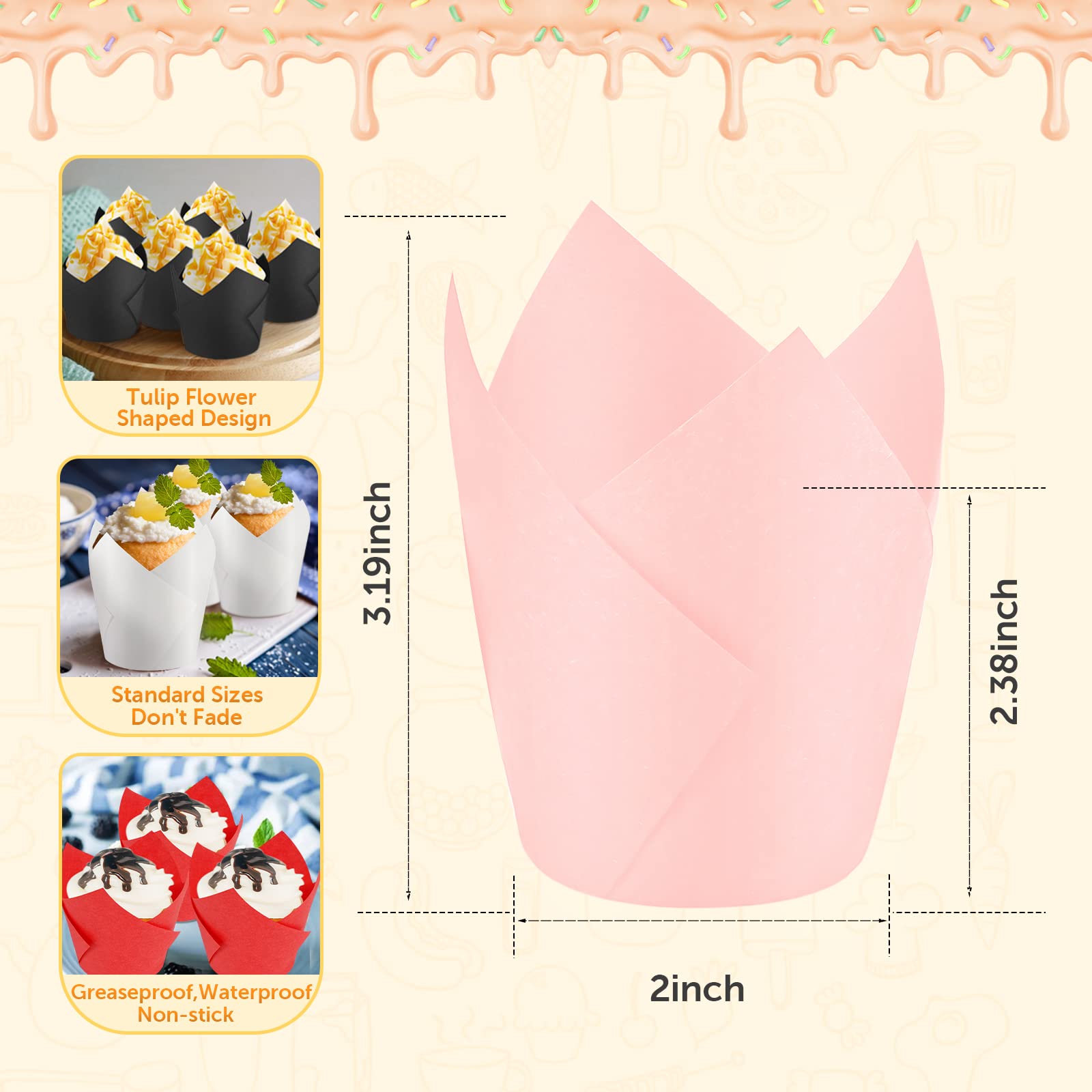 100 Count Pink Tulip Baking Cups - Standard Greaseproof Cupcake & Muffin Liners for Baking - Perfect for Weddings, Birthdays, Christmas, Baby Showers & All Celebrations - Ideal for Home Baking, Party Decorations & Holiday Treats