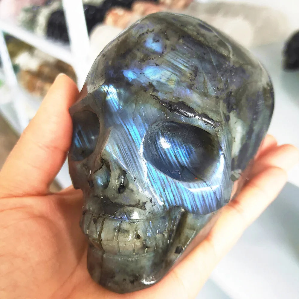 Natural Labradorite Crystal Skull - 500g 1.7lb Reiki Healing Stone, Meditation & Spiritual Decor for Home, Office, Yoga Studio