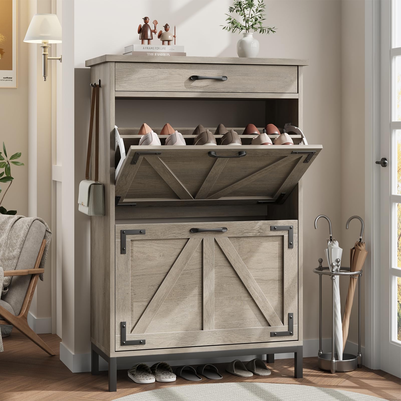 Farmhouse Narrow Shoe Cabinet with 2 Flip Drawers - Free Standing Hidden Shoe Storage Organizer for Entryway, Foyer, Hallway - Space Saving Grey Shoe Rack | Perfect for Small Apartments, Closet Organization & Mudroom Storage