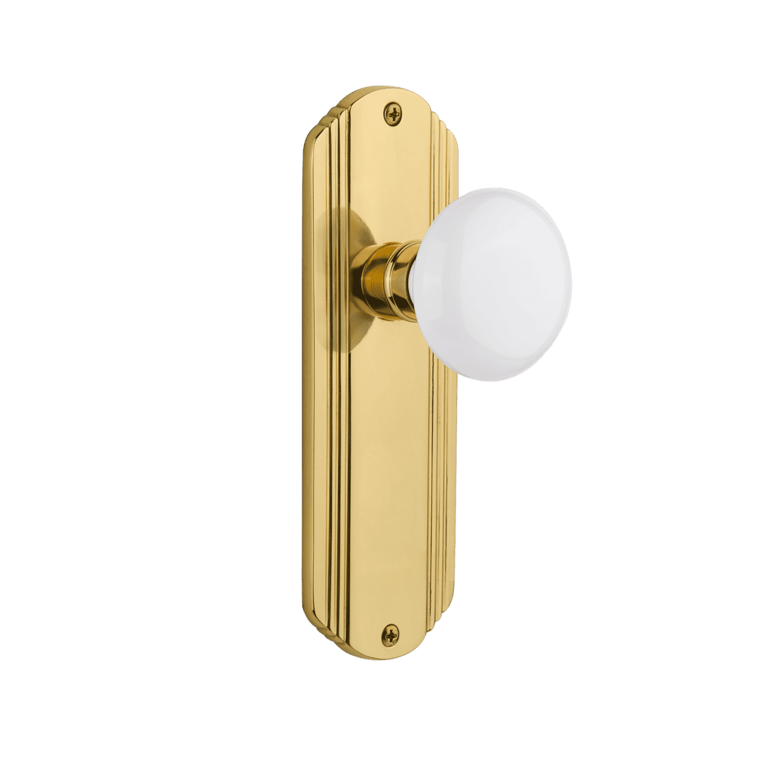 Vintage Style Deco Long Plate with White Porcelain Knob in Unlacquered Brass - Perfect for Cabinet Hardware, Drawer Pulls & Furniture Restoration Projects