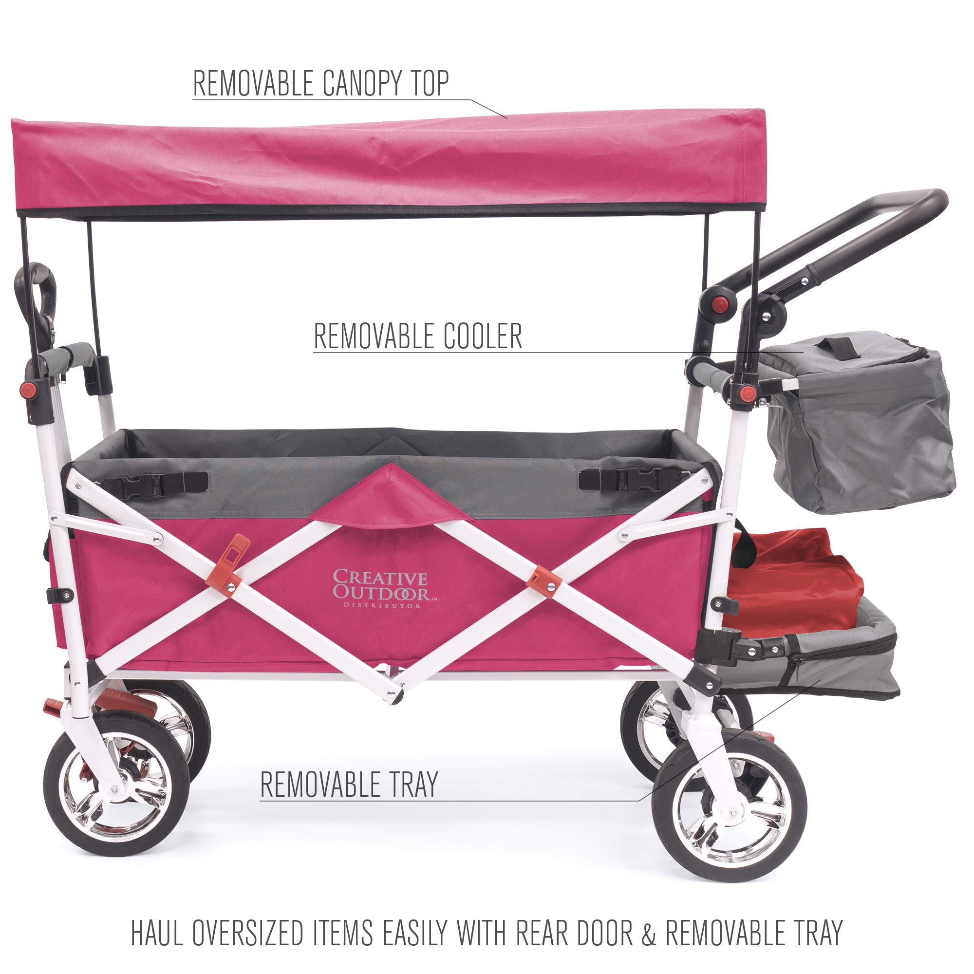 Creative Outdoor Wagon for Kids - Push & Pull Collapsible Stroller with Canopy | Foldable Wagon for Beach, Park, Garden & Tailgate Parties | Silver Series Plus in Pink | Perfect for Family Outings, Picnics & Outdoor Adventures