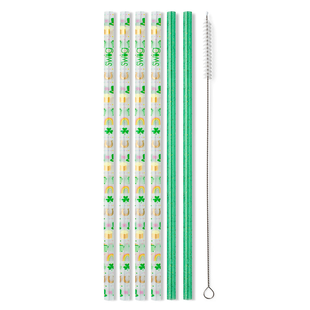 Eco-Friendly Lucky Charm Green Glitter Reusable Straw Set - 12 Pack Stainless Steel Drinking Straws for Smoothies, Cocktails & Iced Coffee | Perfect for Parties, Home & Travel
