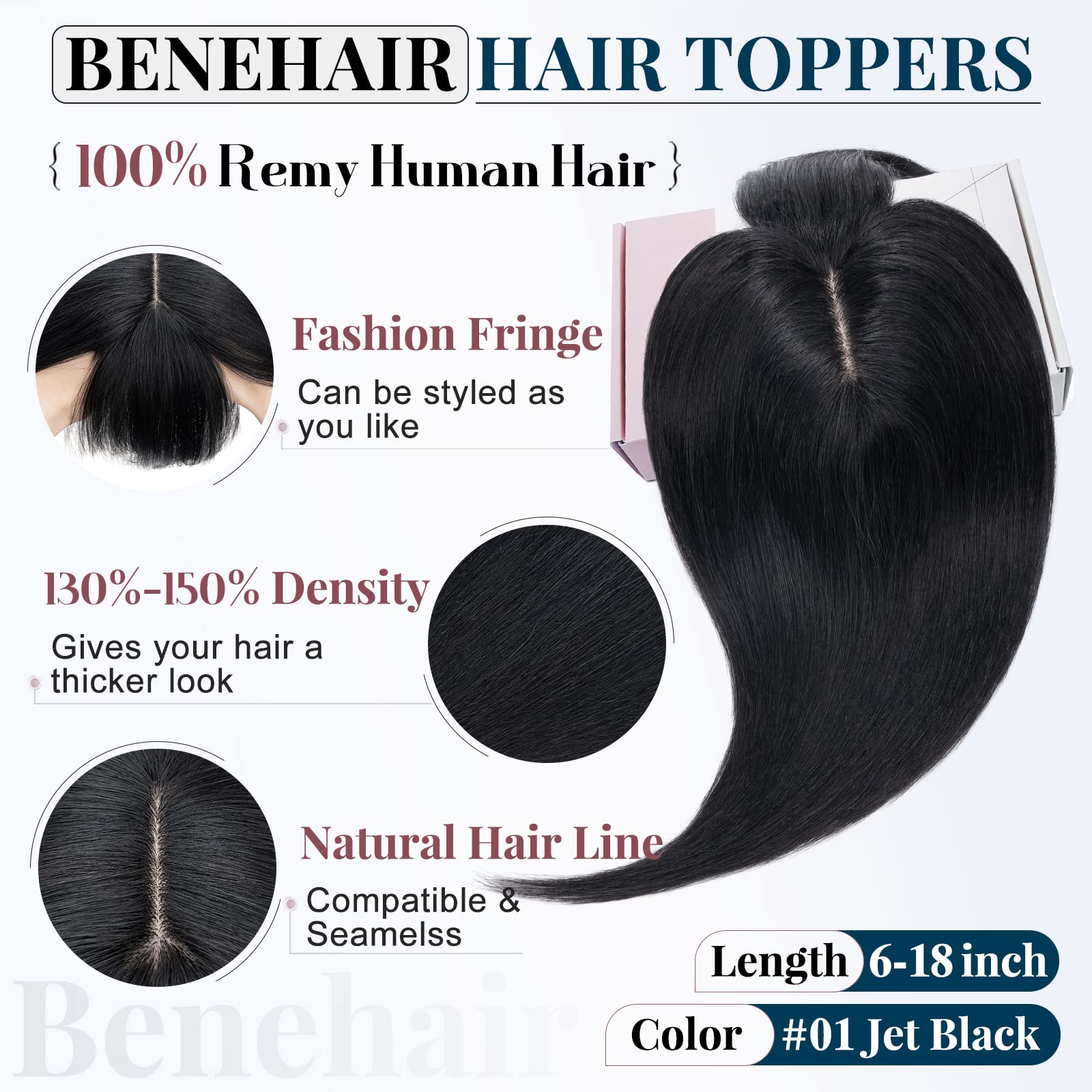 Benehair Clip-in Hair Topper with Bangs - 100% Human Hair Topper Wiglet for Women with Thinning Hair - 14 Inch 44g Dark Black #1 - Perfect for Daily Wear, Special Occasions & Hair Loss Solutions