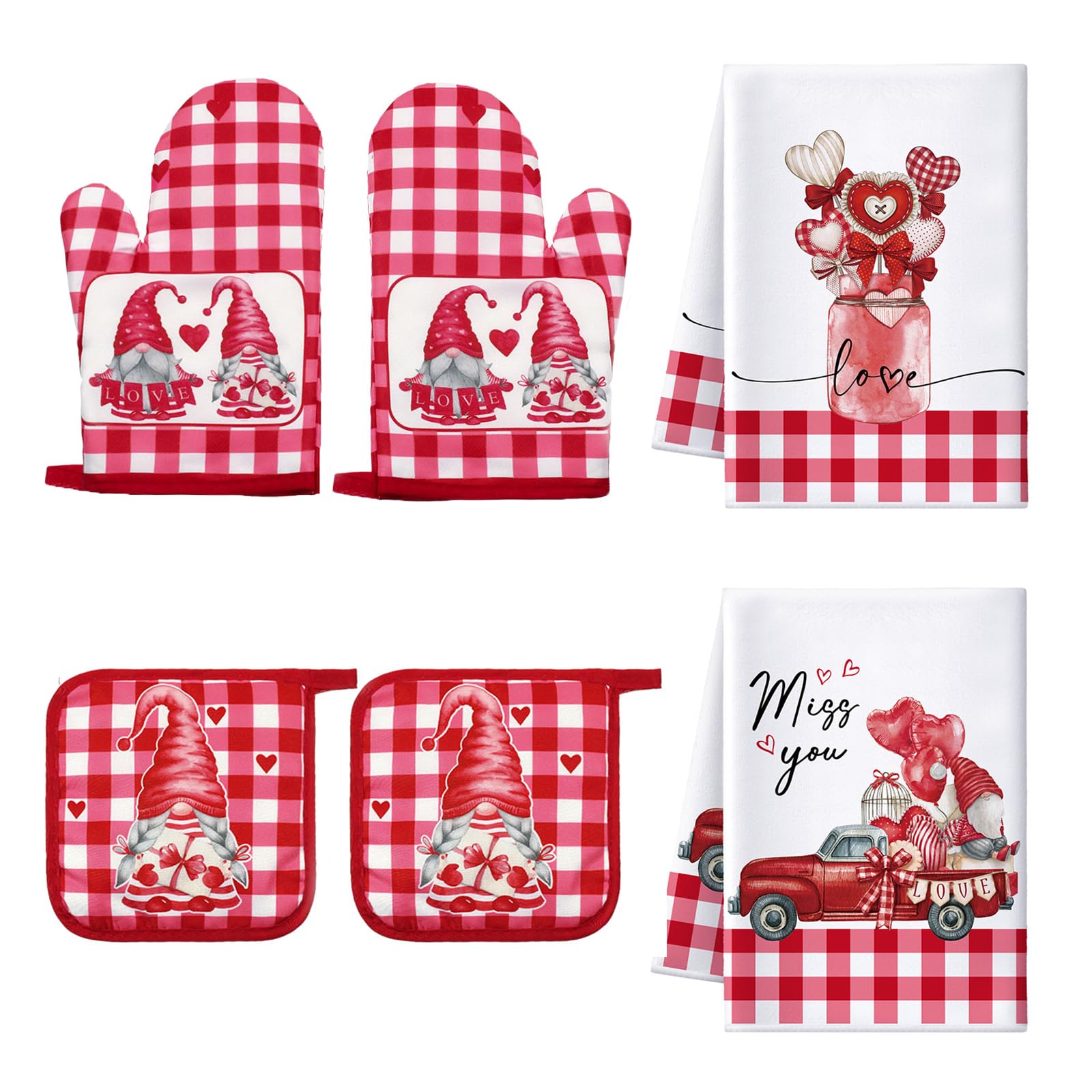 Bencailor 6-Piece Valentine's Day Gnome Kitchen Set - 2 Plaid Dish Towels, 2 Heat Resistant Oven Mitts & 2 Pot Holders - Cute Pink Gnome Design for Home Decor & Kitchen Accessories - Perfect for Cooking, Baking & Holiday Gifts