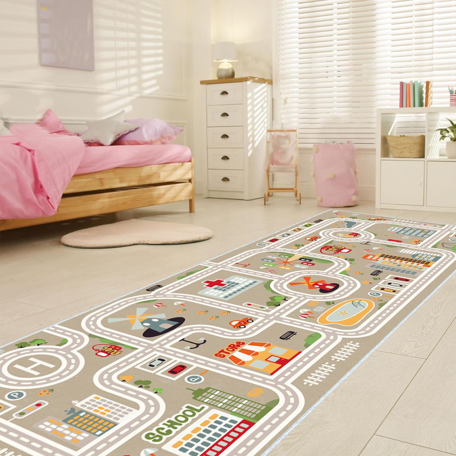 XRYZHC Non-Slip Kids Car Train Play Rug - 2' x 6' Boys Playroom Carpet, Soft Floor Mat for Toddler Bedroom & Nursery - Perfect for Playtime & Learning (Grey, 2x6 Feet)