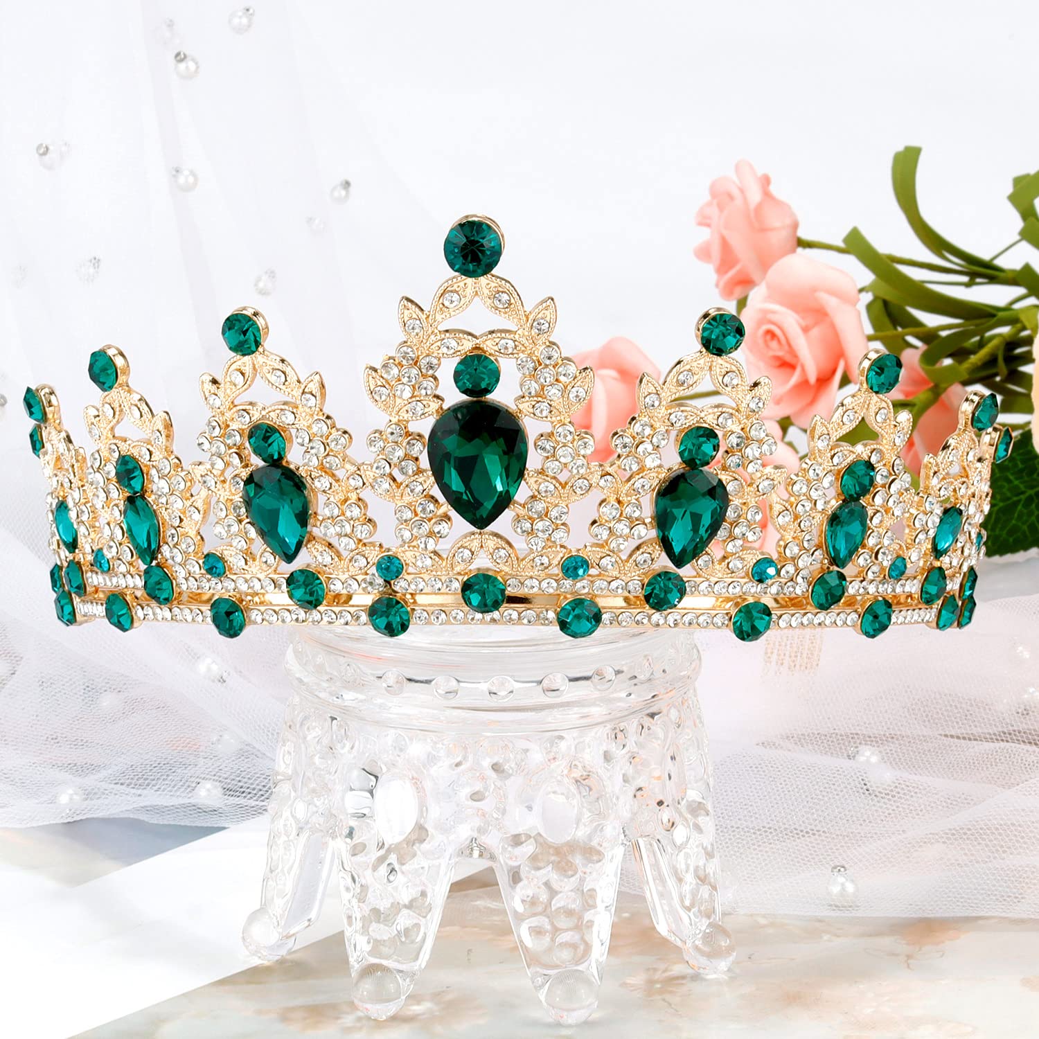 SuPoo Green Rhinestone Birthday Tiara with Comb & Glitter Sash Set - Sparkling Crystal Headband & Crown Kit for Women’s Birthday Party Decorations | Perfect for Birthday Girls, Princess Theme Parties & Special Occasion Gifts