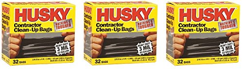 Husky HK42WC032B 42-Gallon Heavy-Duty Contractor Clean-Up Trash Bags, 32-Count (3 Packs of 32) - Ideal for Construction Sites, Yard Waste, and Large Debris Cleanup