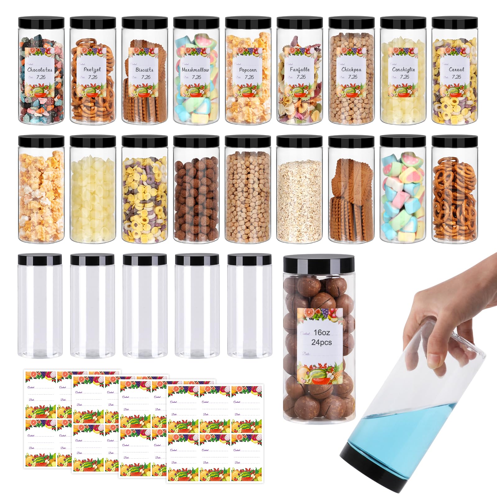 16oz Clear Plastic Jars with Lids (24-Pack) - Airtight Round Food Storage Containers for Nuts, Cookies, Dried Fruits & Small Snacks | Perfect for Pantry Organization, Meal Prep & Bulk Food Storage