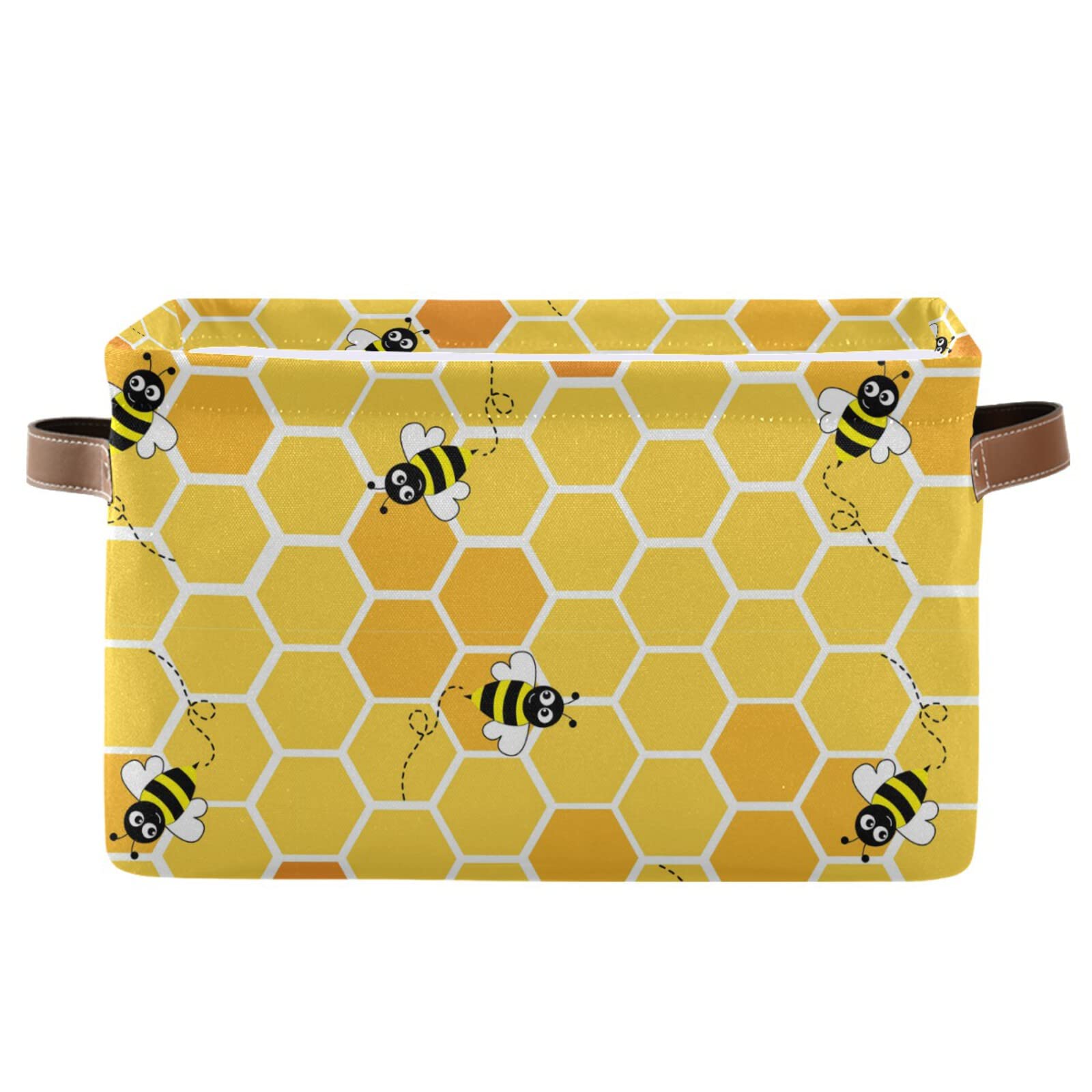 Honey Bee Collapsible Storage Basket with Leather Handles - Foldable Rectangular Storage Bin for Home, Nursery, Car & Office Organization | Space-Saving Home Decor & Toy Storage Solution