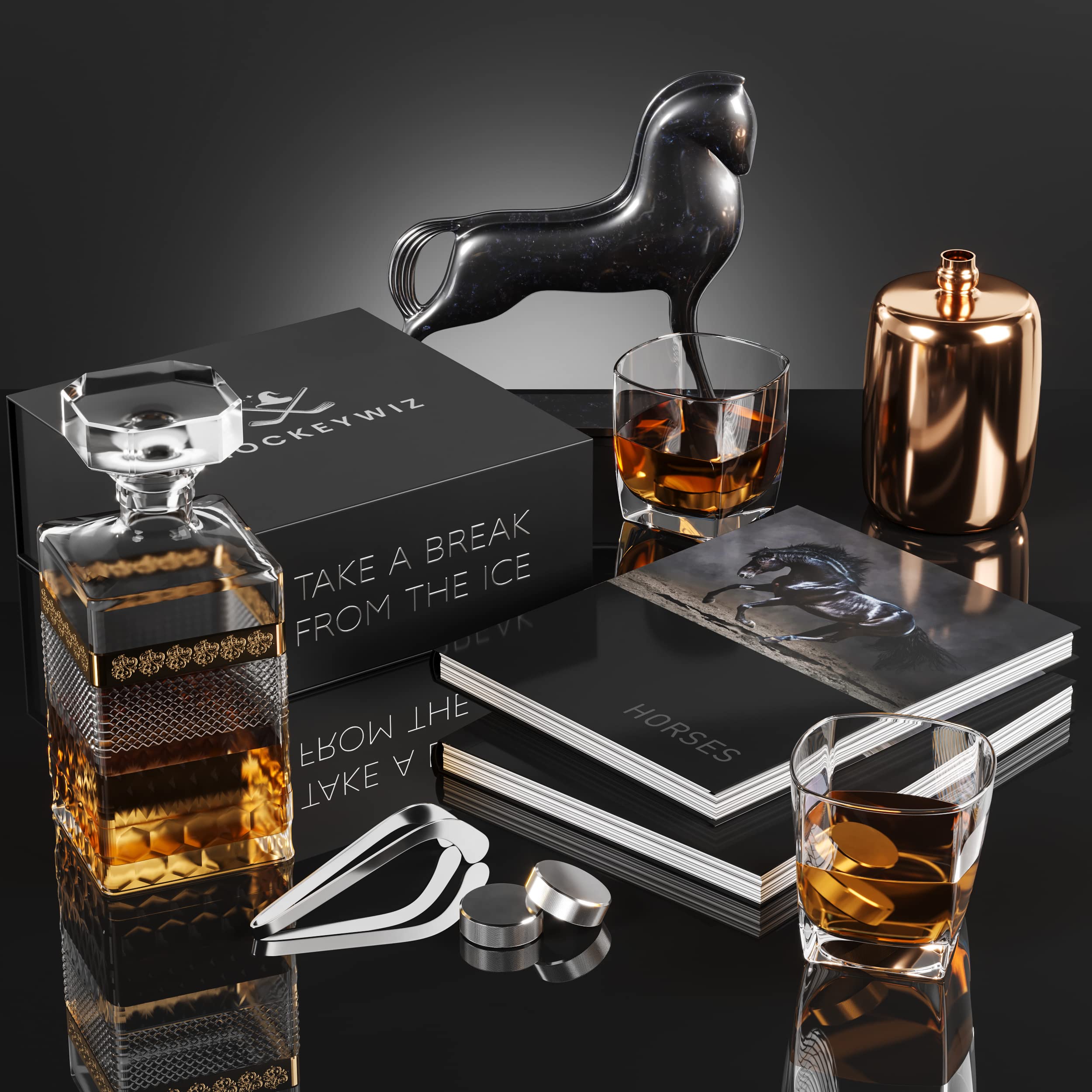 Premium 7-Piece Whiskey Stone Set with Cooling Gel - 4 Hockey Puck Whiskey Stones & Hockey Stick Tongs - Elegant Gift Set for Whiskey Lovers - Perfect for Father's Day, Birthday & Home Bar Use