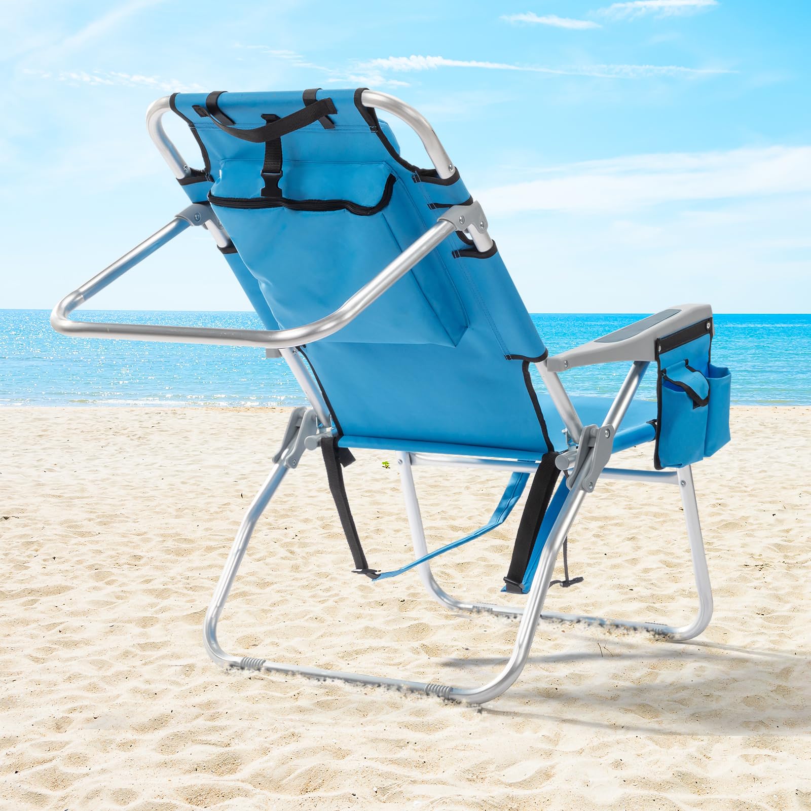 Outvita 5-Position Adjustable Backpack Beach Chair with Storage Bag, Cooler Pouch & Side Pockets - Portable Folding Chair for Beach, Pool, Lawn, Camping & Outdoor Relaxation