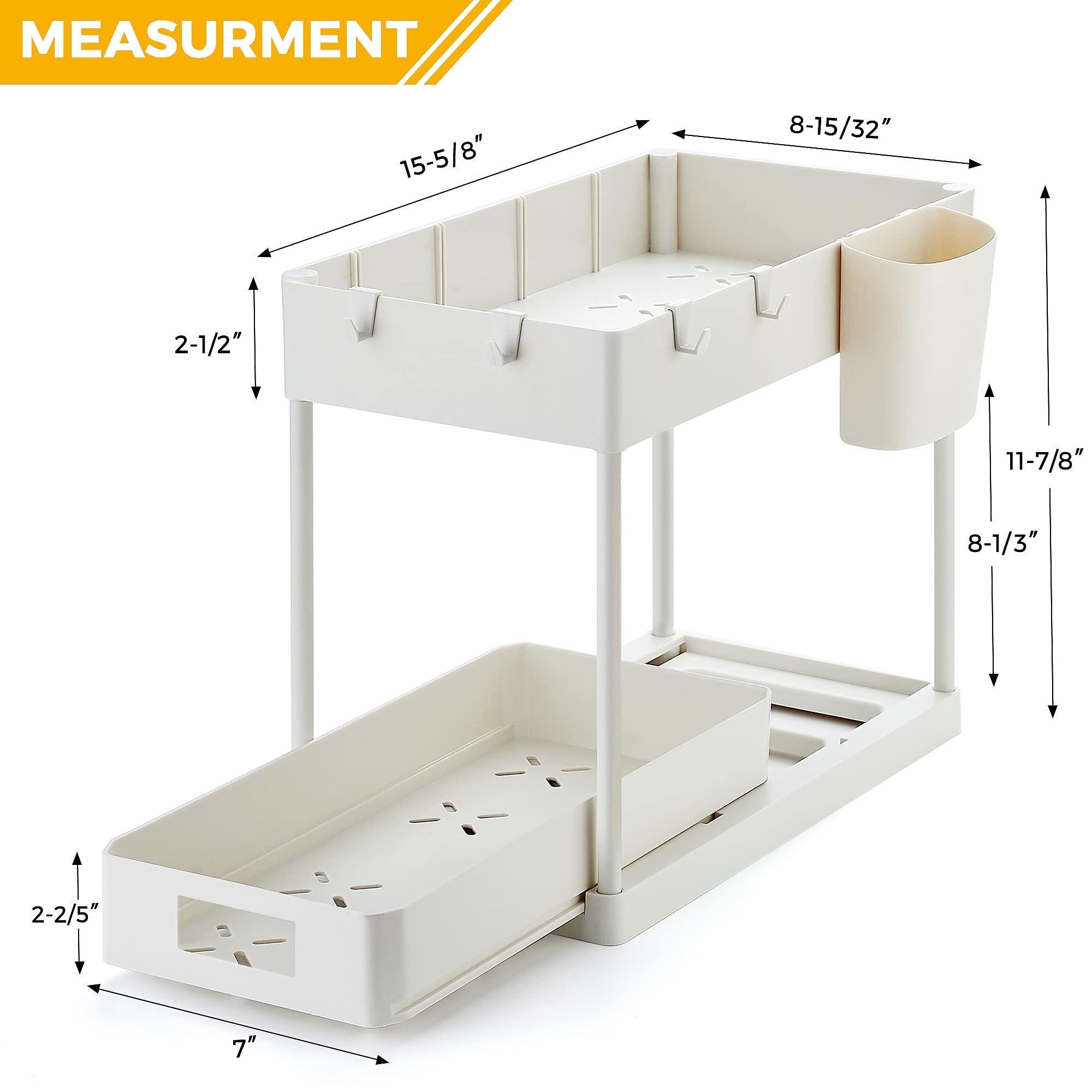 Ravinte 2-Tier Pull Out Under Sink Organizer with Hooks & Hanging Cup - White Sliding Cabinet Storage for Bathroom & Kitchen - Perfect for Maximizing Space Under Sink, Organizing Cleaning Supplies & Beauty Products
