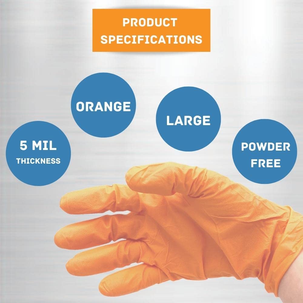 PSBM Orange Nitrile Gloves 5 Mil - Latex Free & Powder Free Disposable Gloves for EMT, Industrial, Automotive Use - Heavy Duty Safety Gloves - Large Size (Pack of 2000) - Ideal for Medical, Food Service & Cleaning Professionals