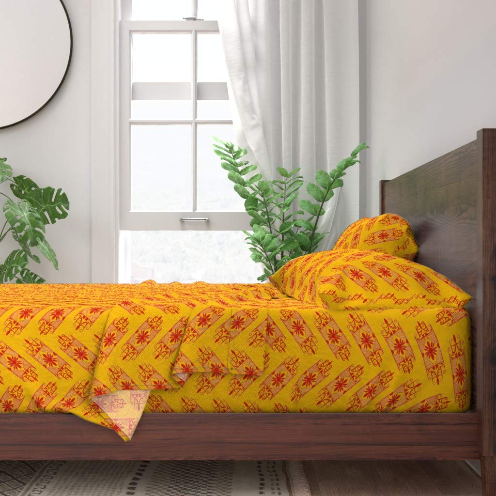 100% Cotton Twin Sheet Set 3pc - Red Lattus Bohemian Chevron Abstract Boho Yellow Herringbone Print Custom Bedding | Soft & Breathable Cotton Sheets for Bedroom, Guest Room & Dorm Decor